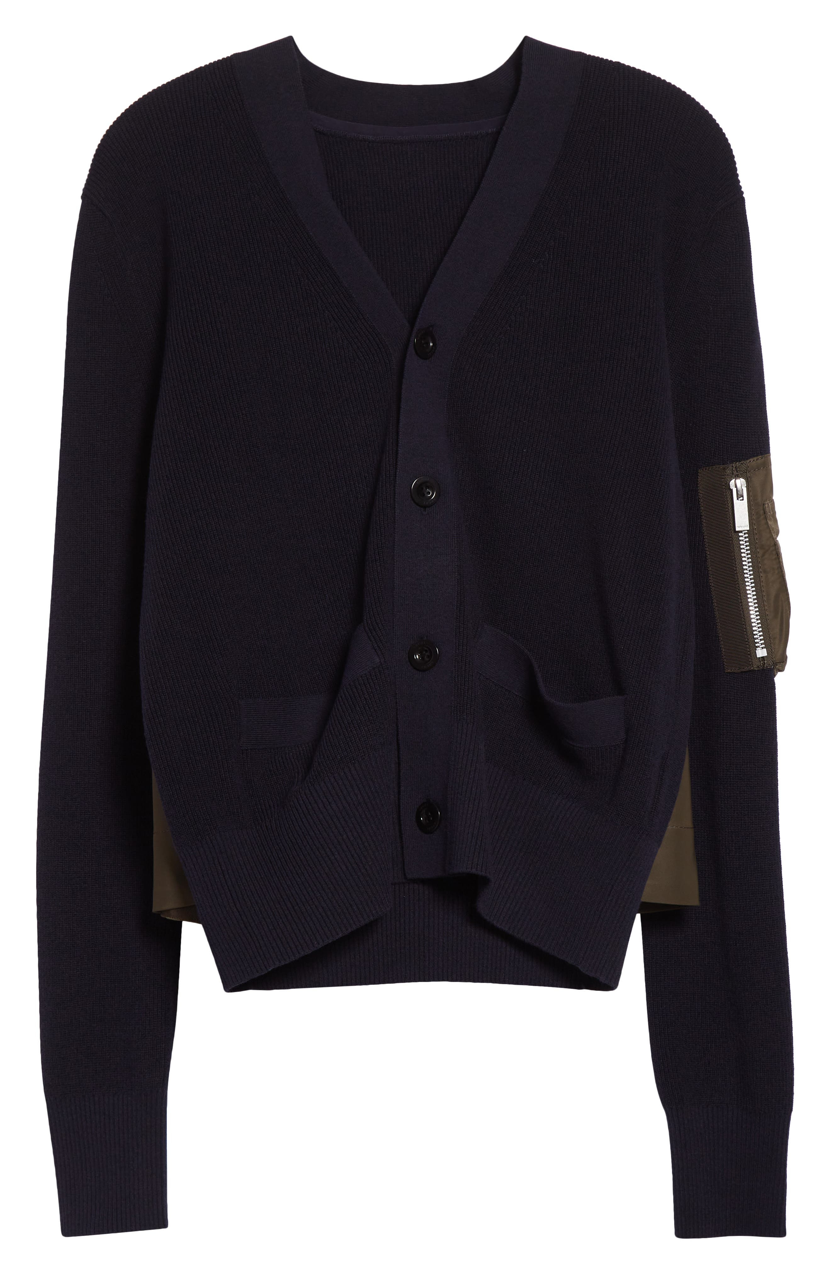 Sacai Mixed Media Nylon Twill & Knit Cardigan in Navy/Dark Khaki at Nordstrom - 6
