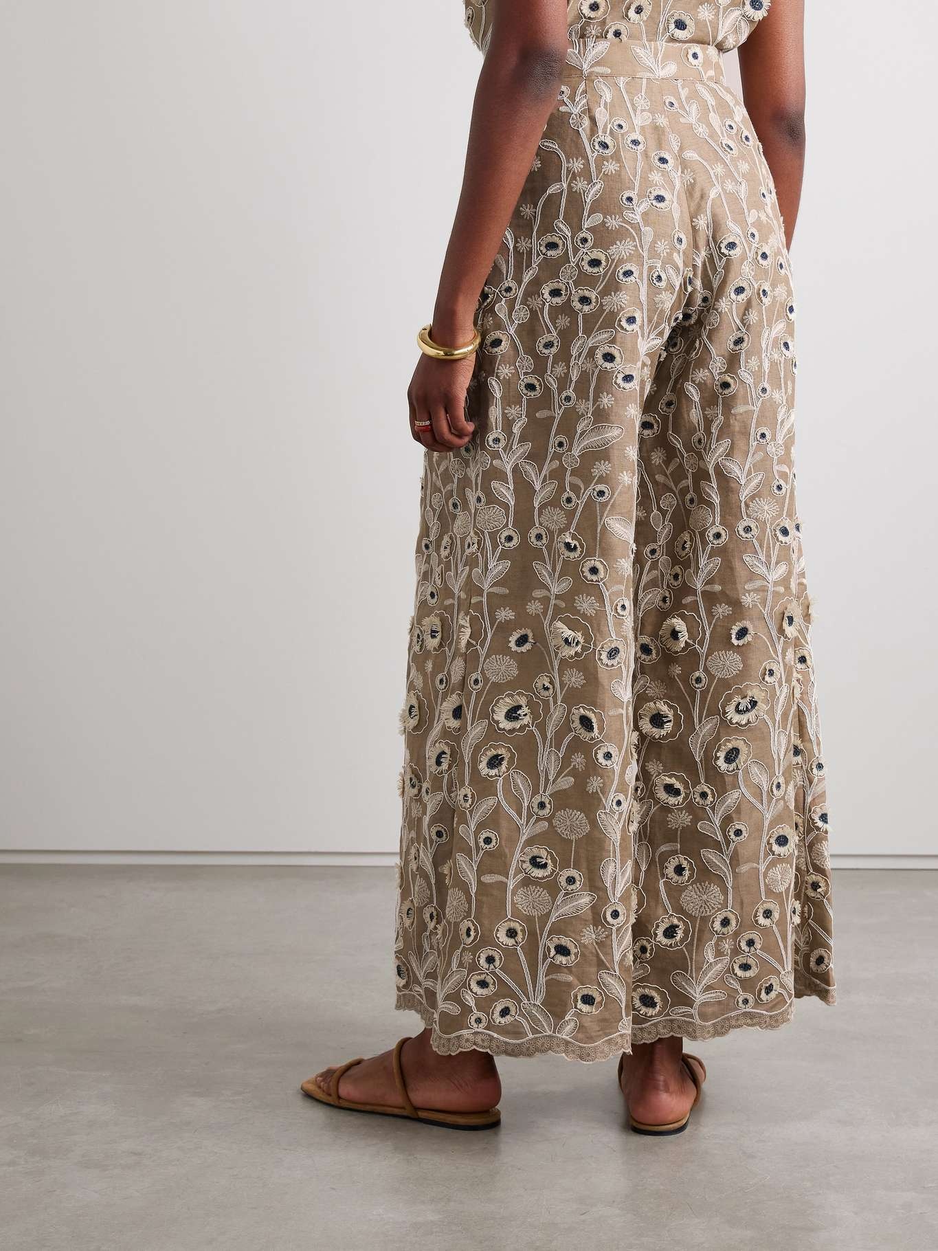 Piñon Petalo embroidered linen wide-leg pants - 3