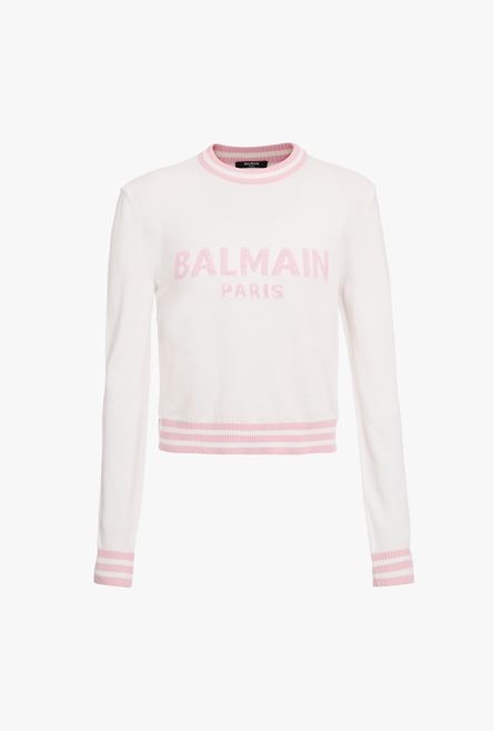 Cropped white wool and cashmere sweater with light pink Balmain logo - 1