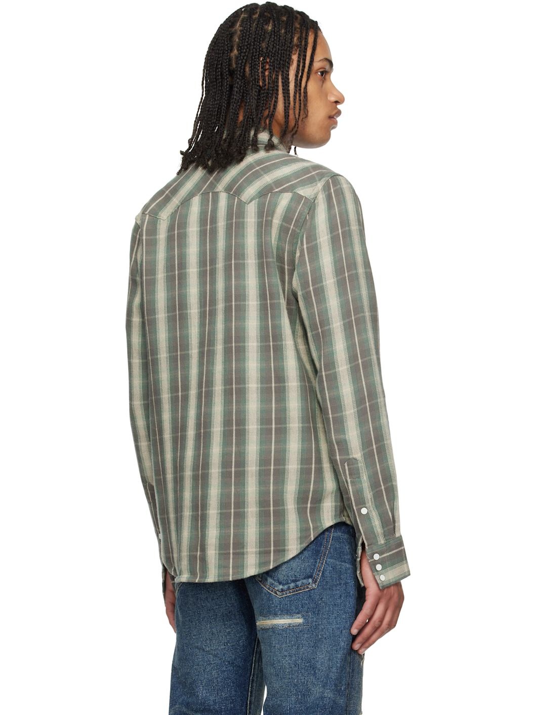 Green & Gray Slim Fit Plaid Twill Western Shirt - 3