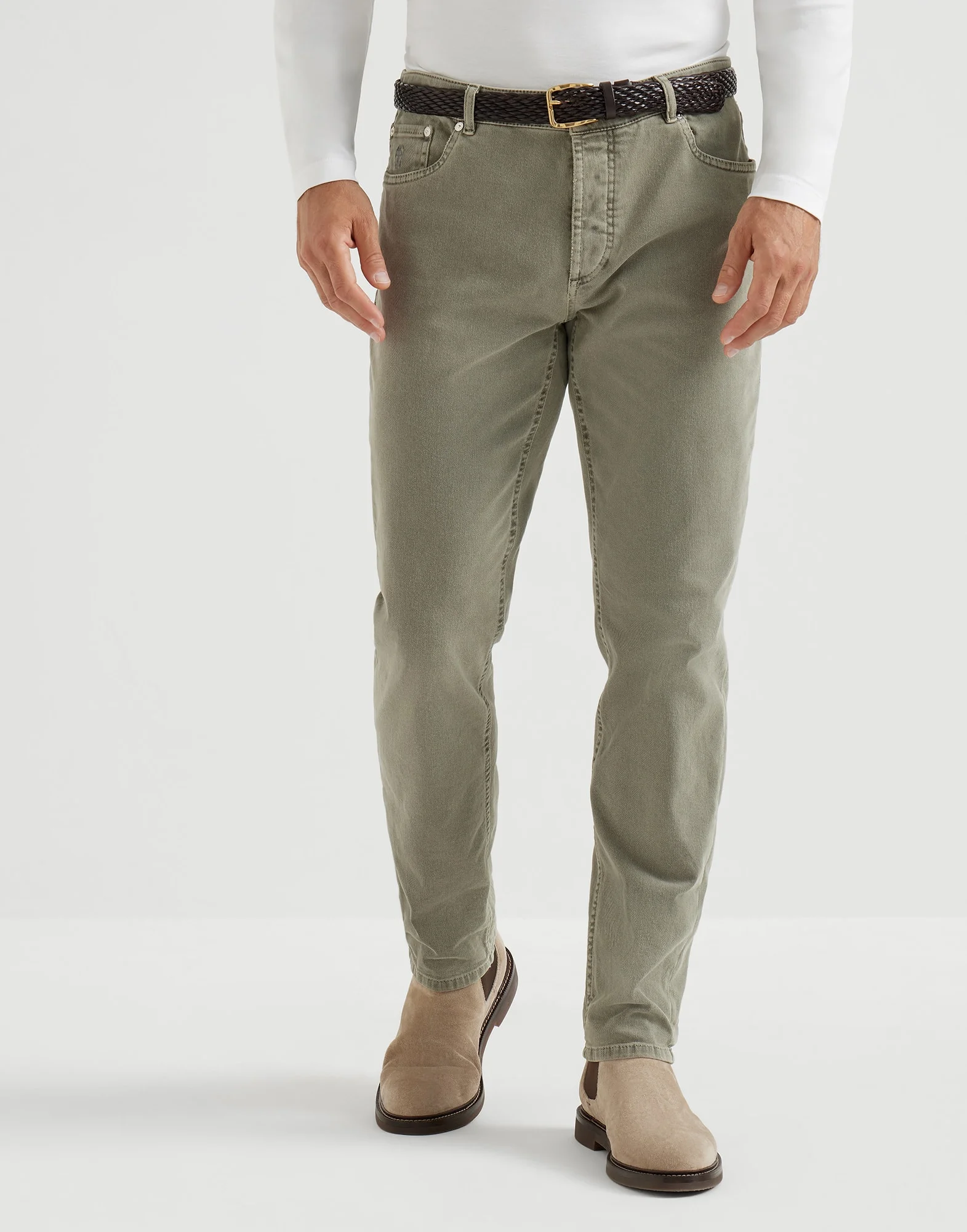 Garment-dyed traditional fit five-pocket trousers in comfort cotton lightweight denim - 1