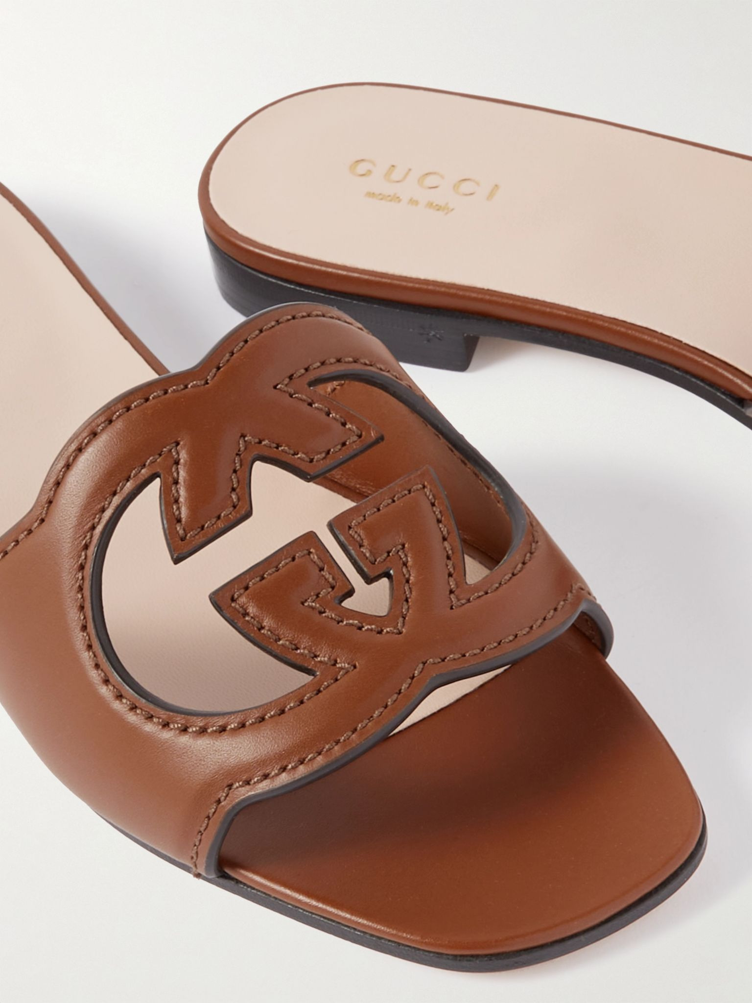 Cutout leather slides Tan - 4