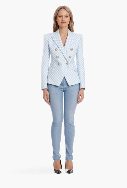 Blue and white gingham-print cotton blazer - 4