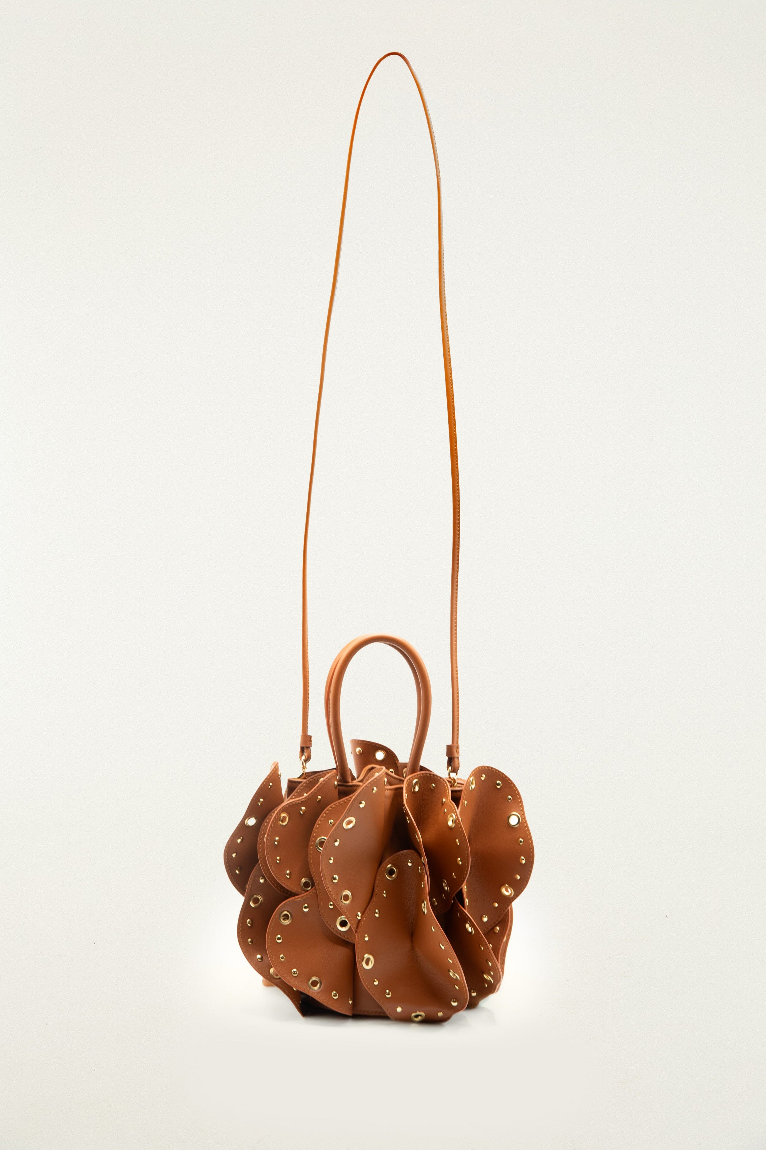Brown Leather Studded Flower Bag - 5