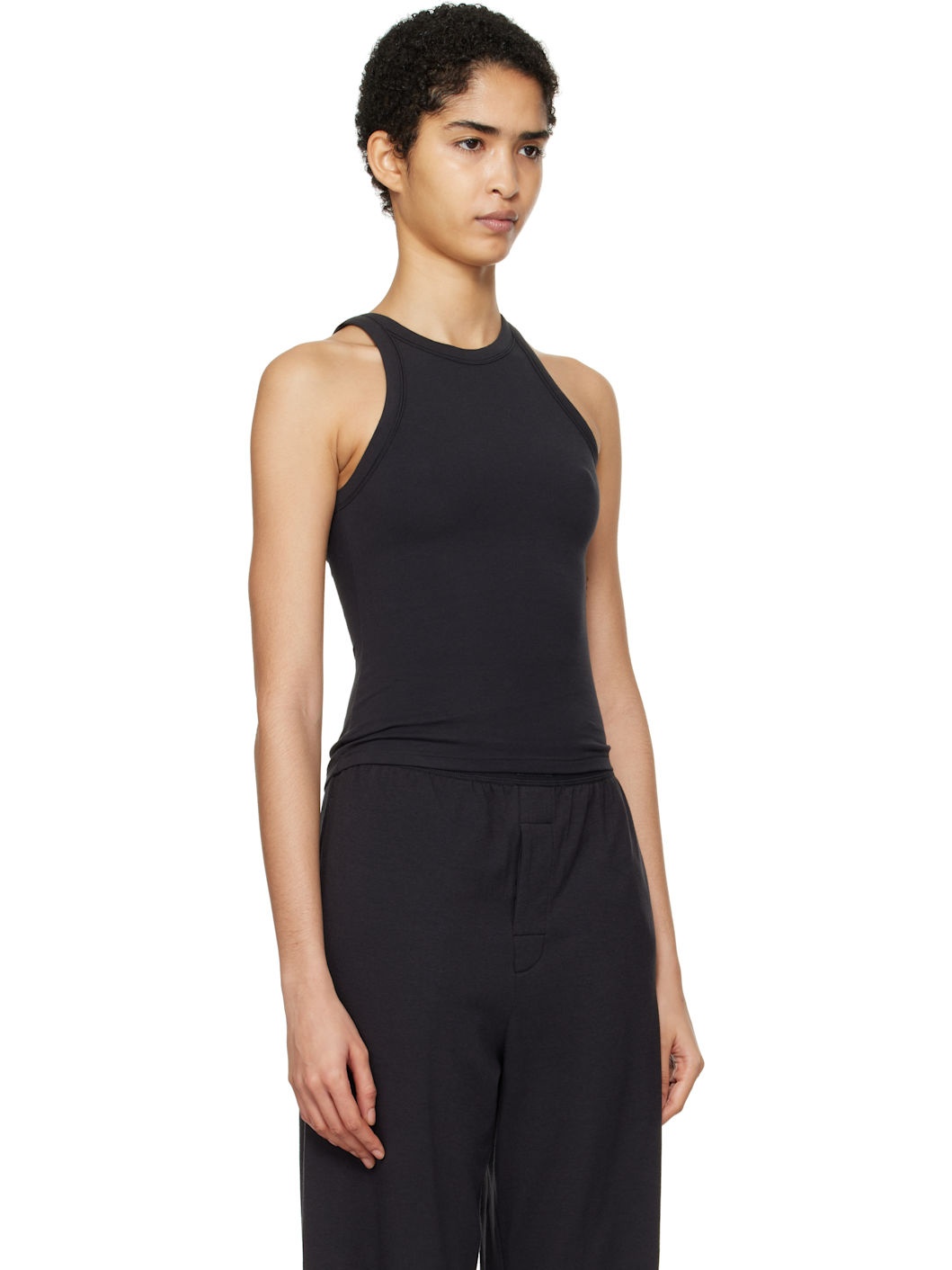 Black Cotton Jersey Crew Neck Tank Top - 2