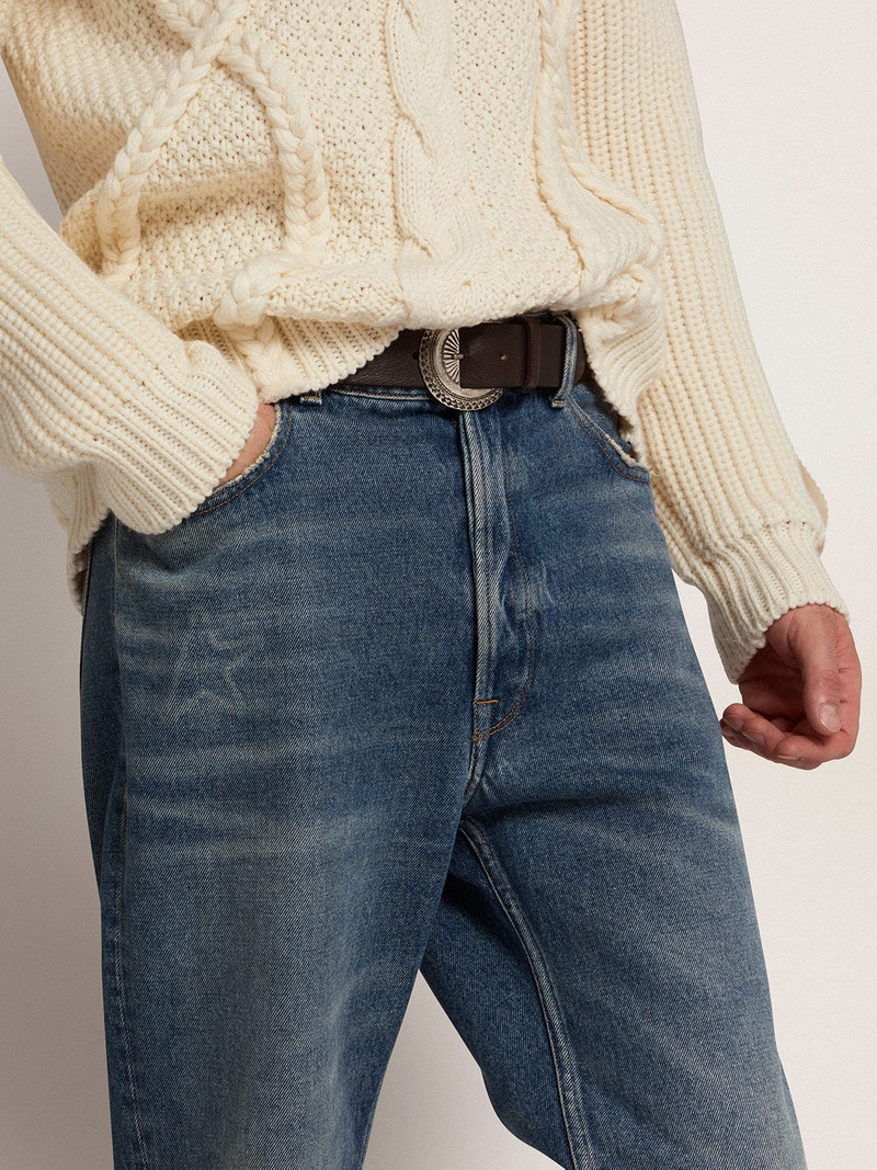 Golden Goose Black Ranch belt in washed leather with silver color studs outlook