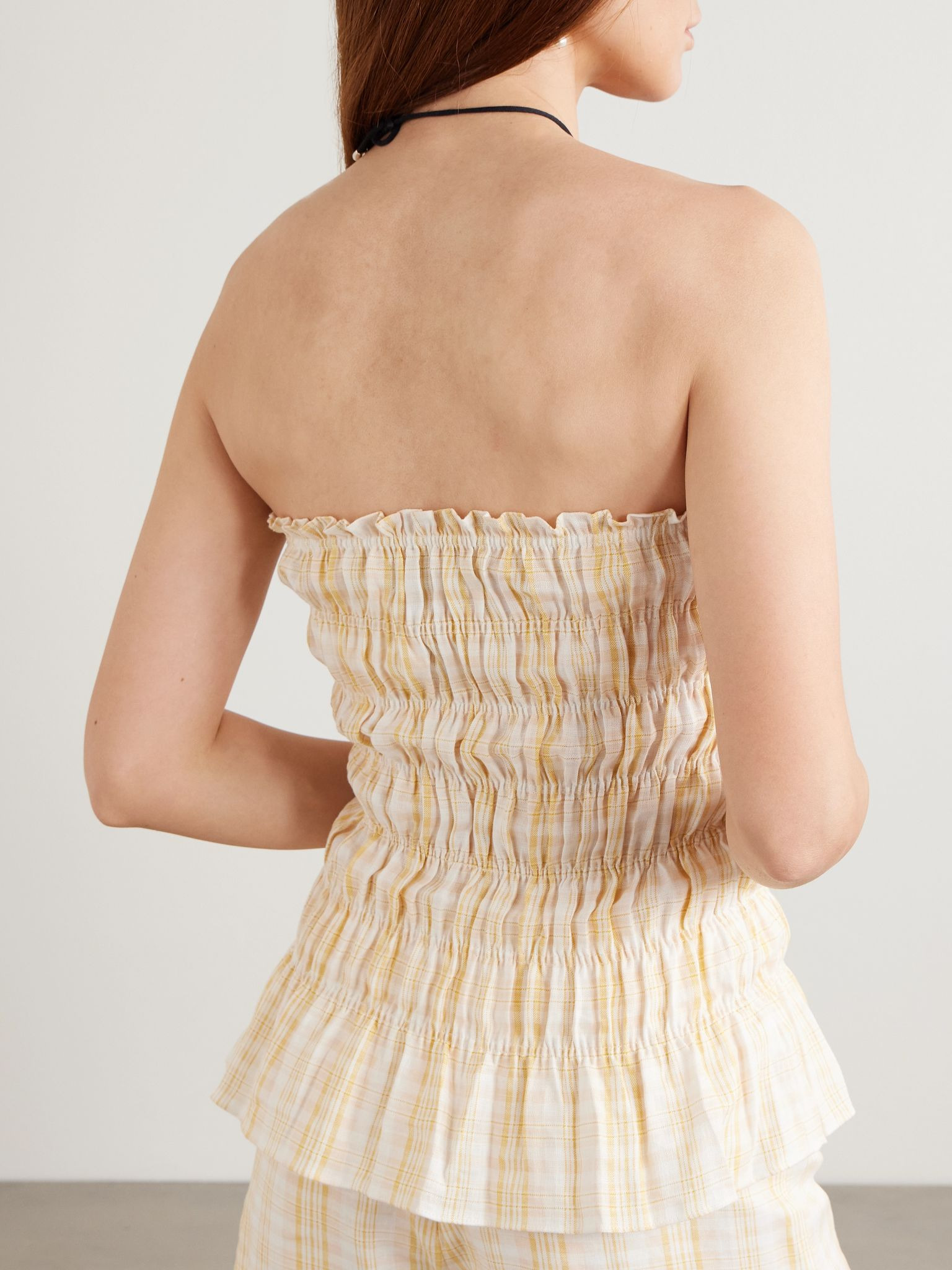 Iris strapless shirred checked linen top Pastel yellow - 3