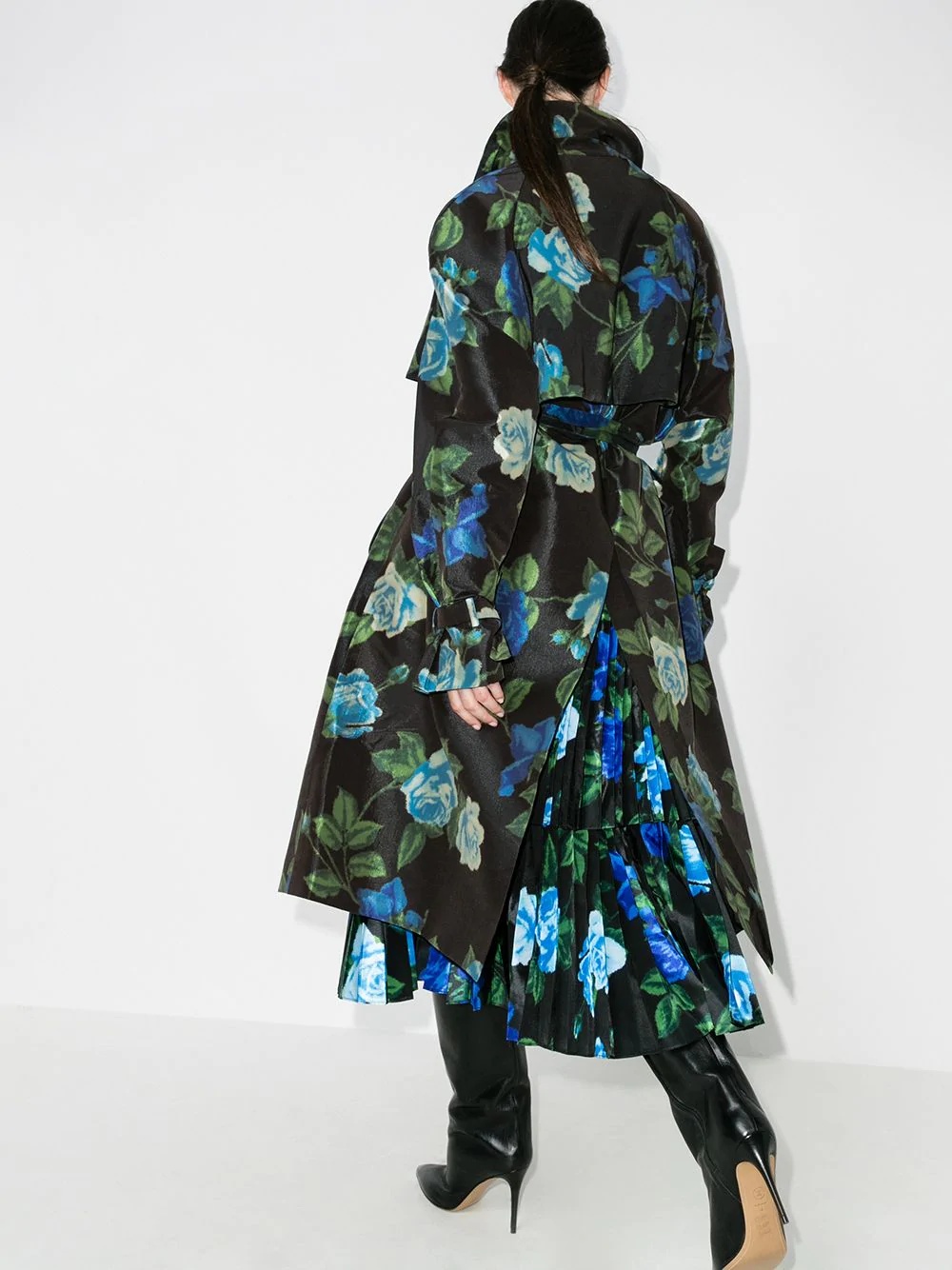 floral print satin trench coat - 3