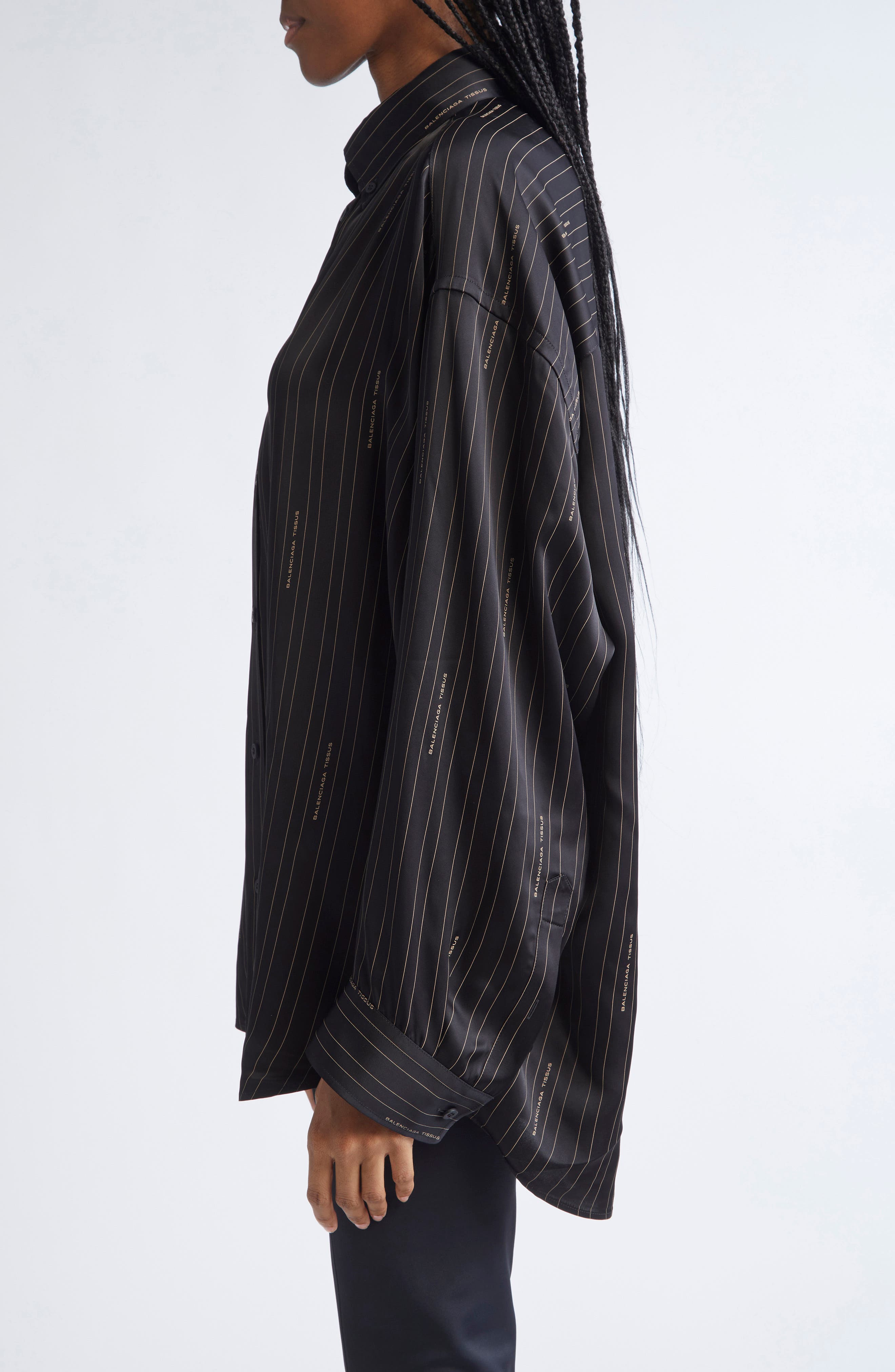 Balenciaga Logo Stripe Cocoon Button-Down Shirt in 1264 Black/Camel at Nordstrom - 4