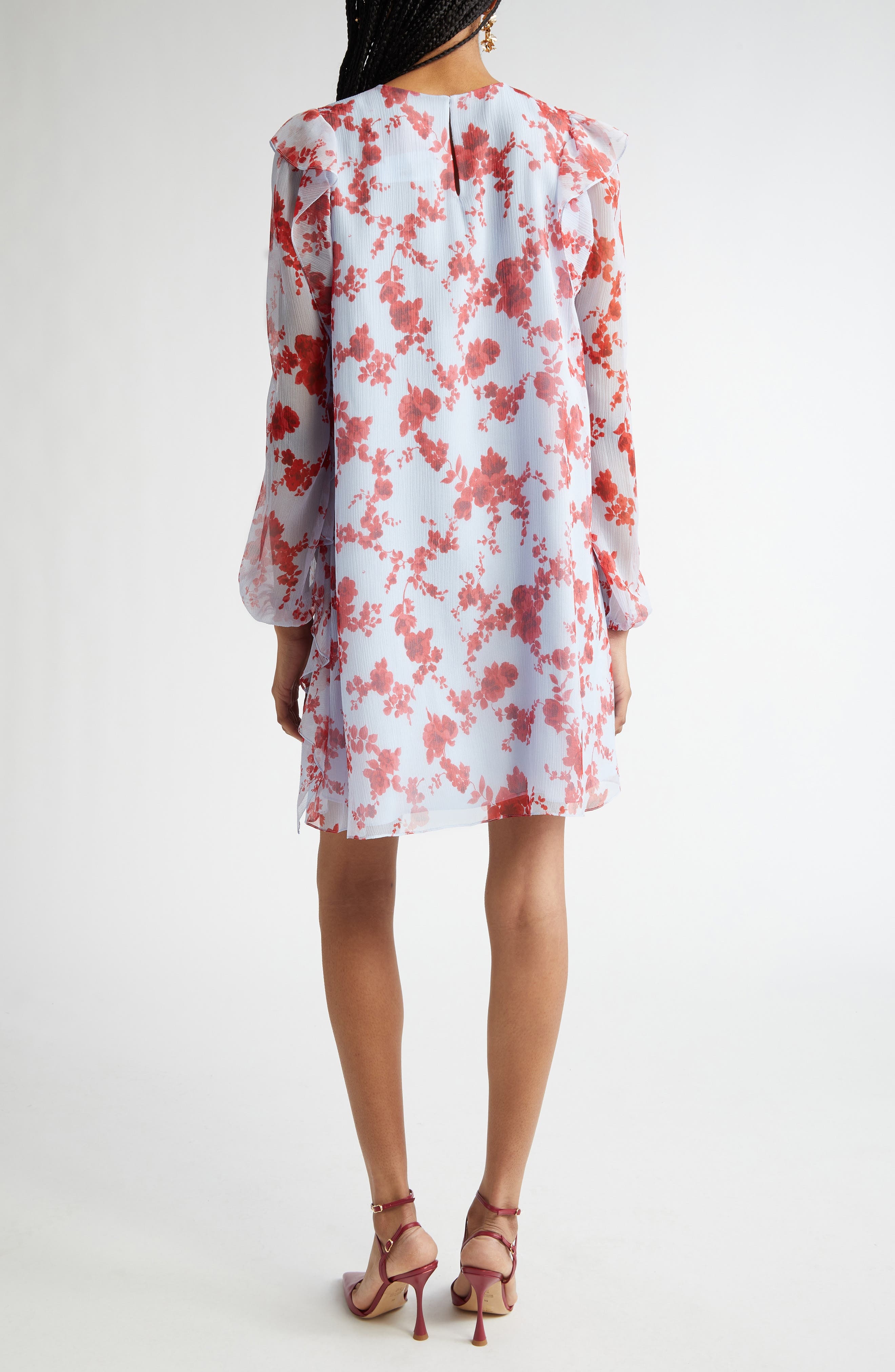 Carolina Herrera Floral Print Long Sleeve Tiered Ruffle Silk Chiffon Minidress in Celeste Multi at N - 2