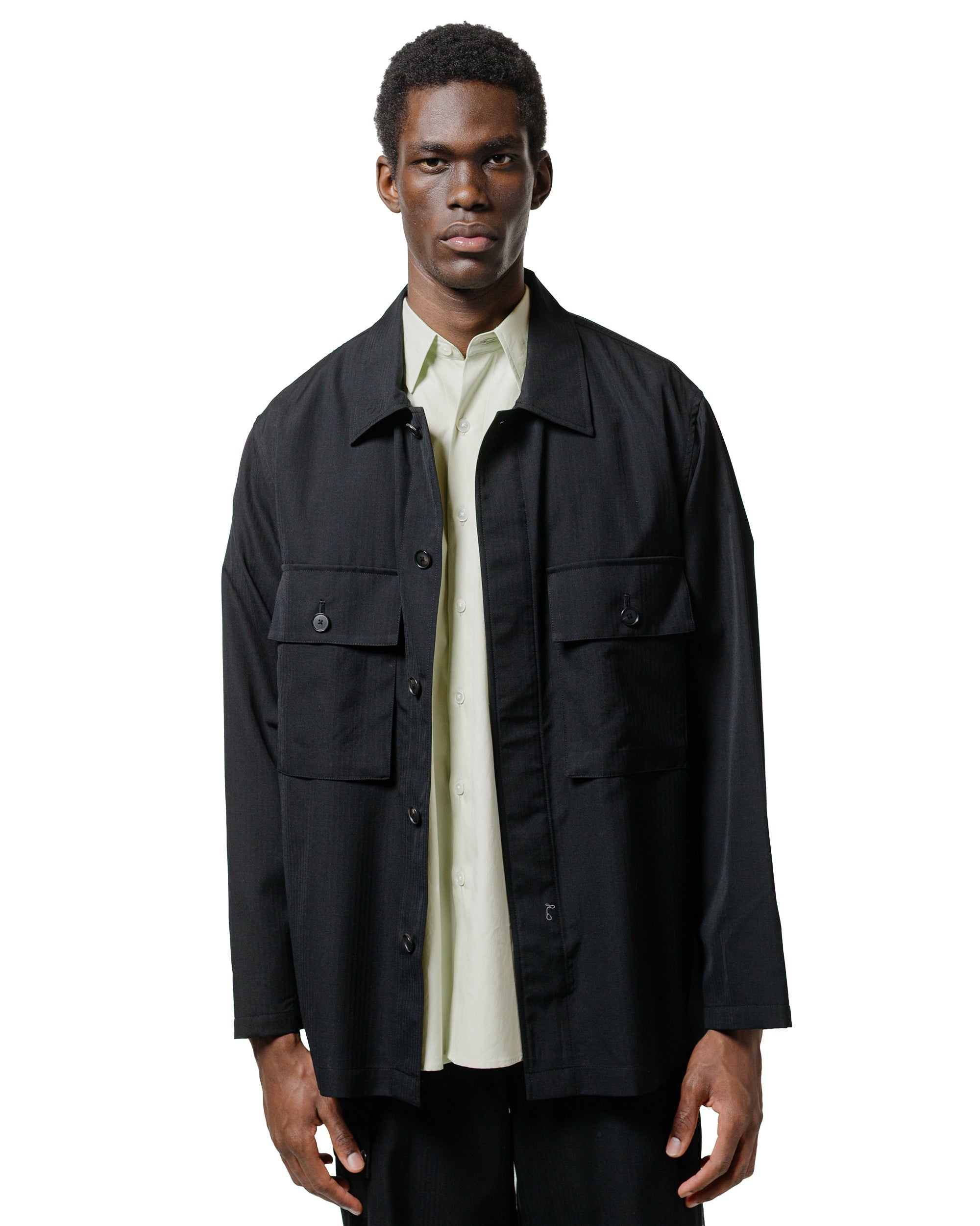 Wool Herringbone Over Shirt Black - 2