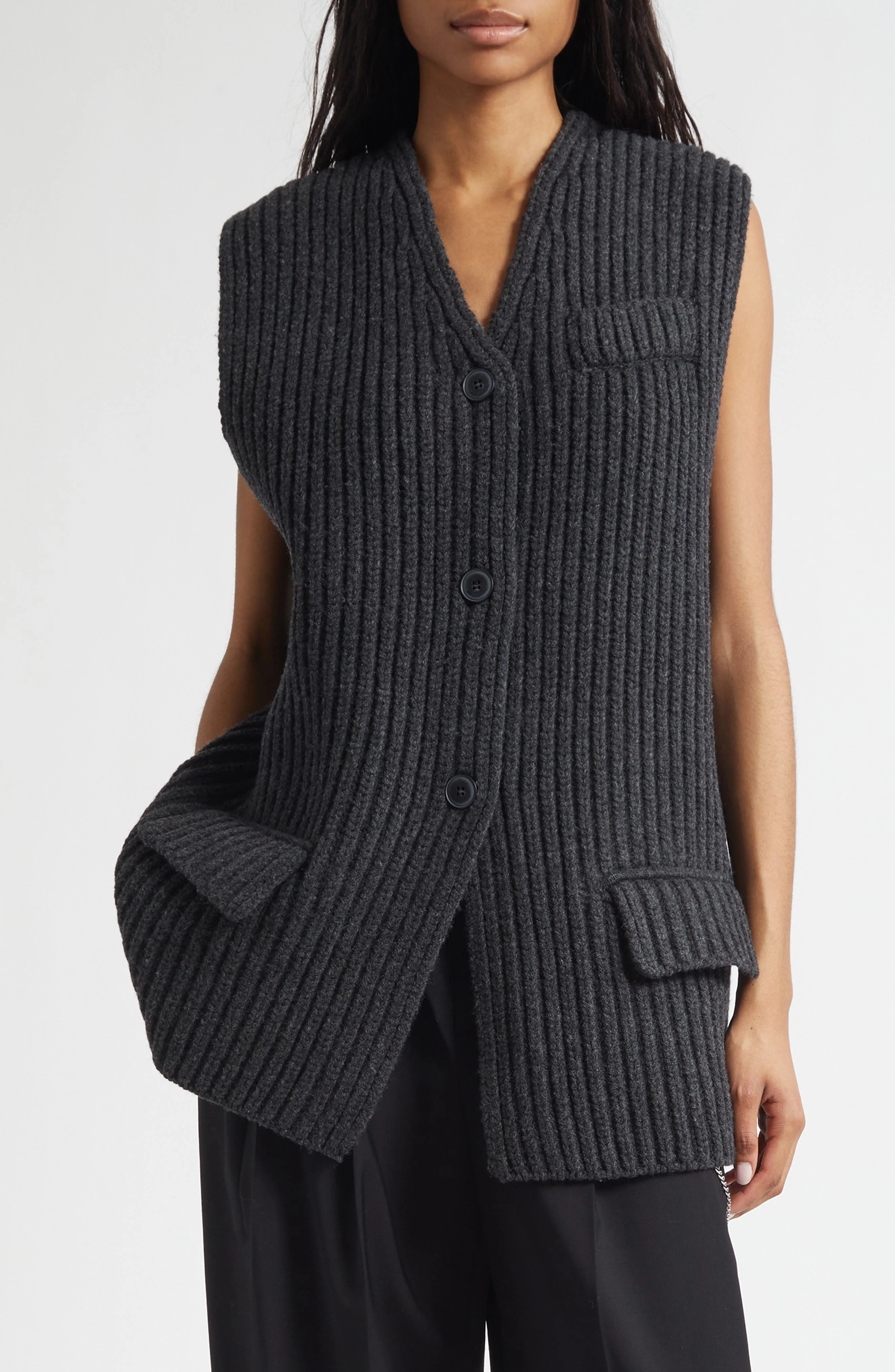 Alexander Wang Oversize Rib Wool Button-Up Sweater Vest in Graphite at Nordstrom - 1