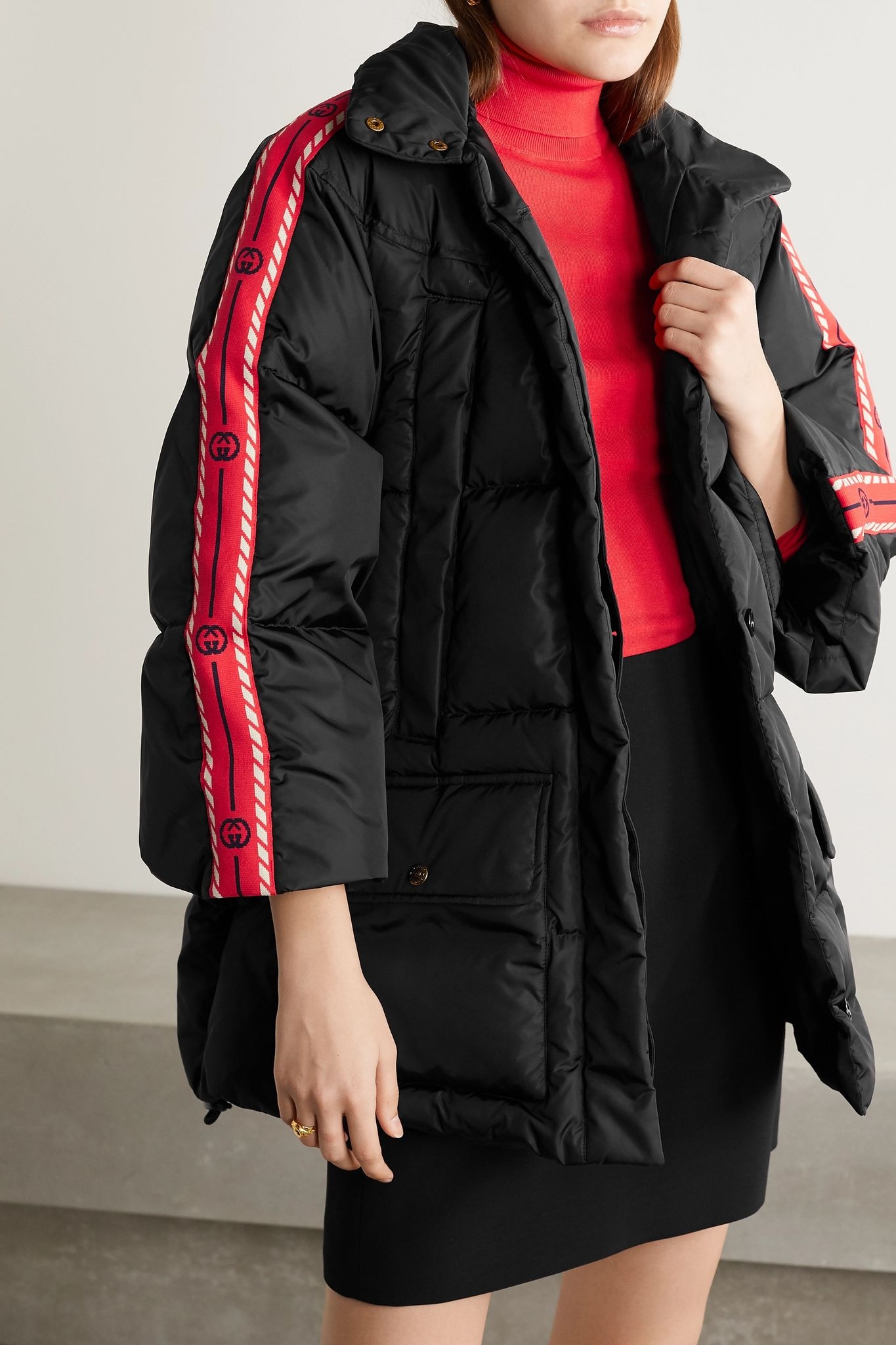 Hooded jacquard-trimmed quilted shell down coat - 3