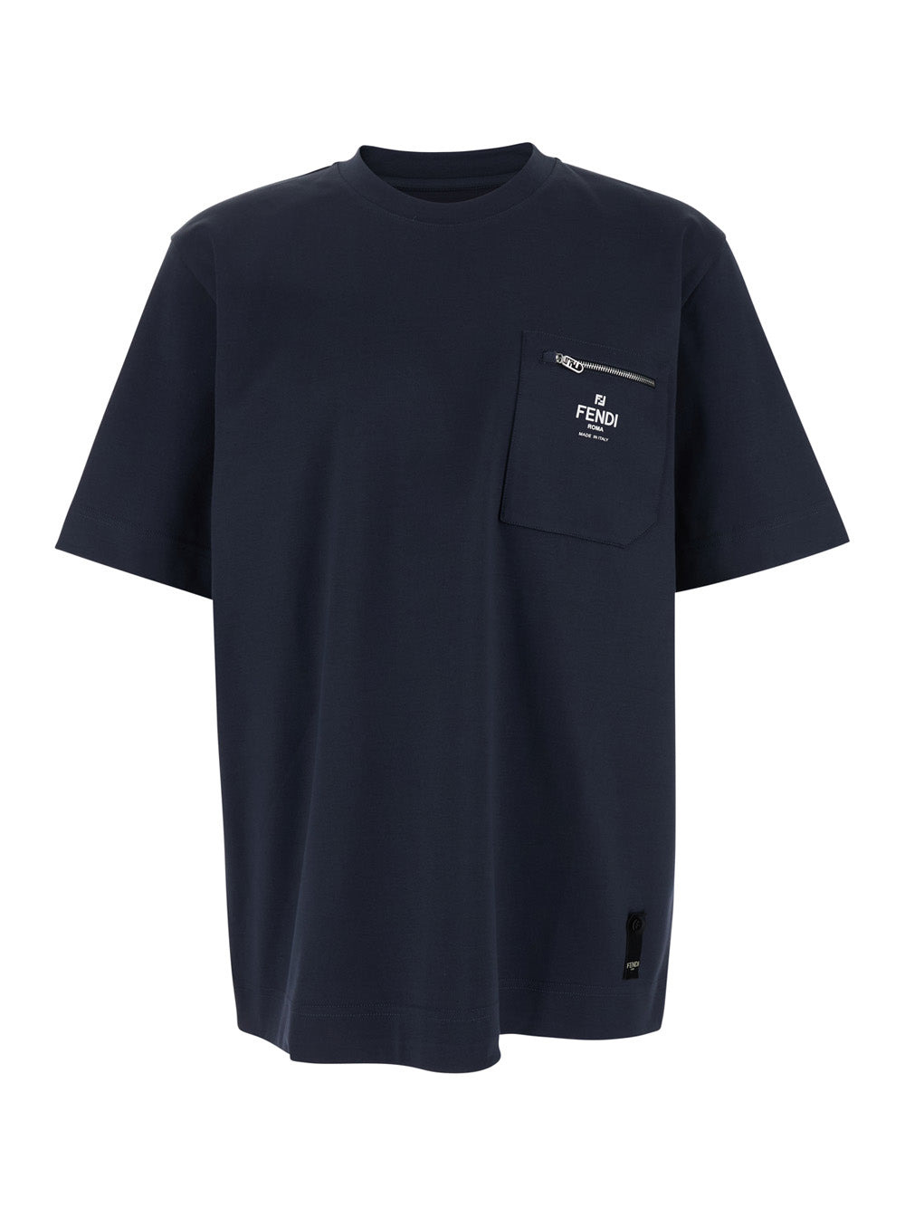 Fendi Men Blue Crewneck T-Shirt With Logo Printed On The Front And Patch Pocket With Zip In Cotton M - 1