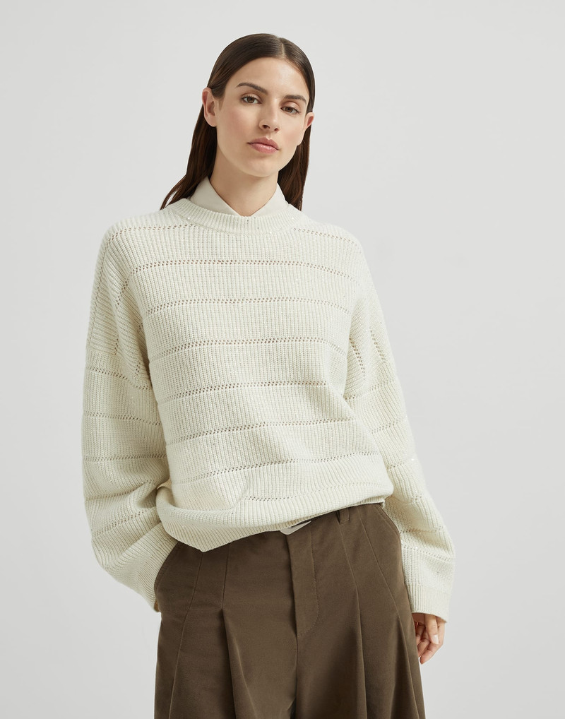 Dazzling cashmere and wool ribbed sweater with openwork stripe - 1