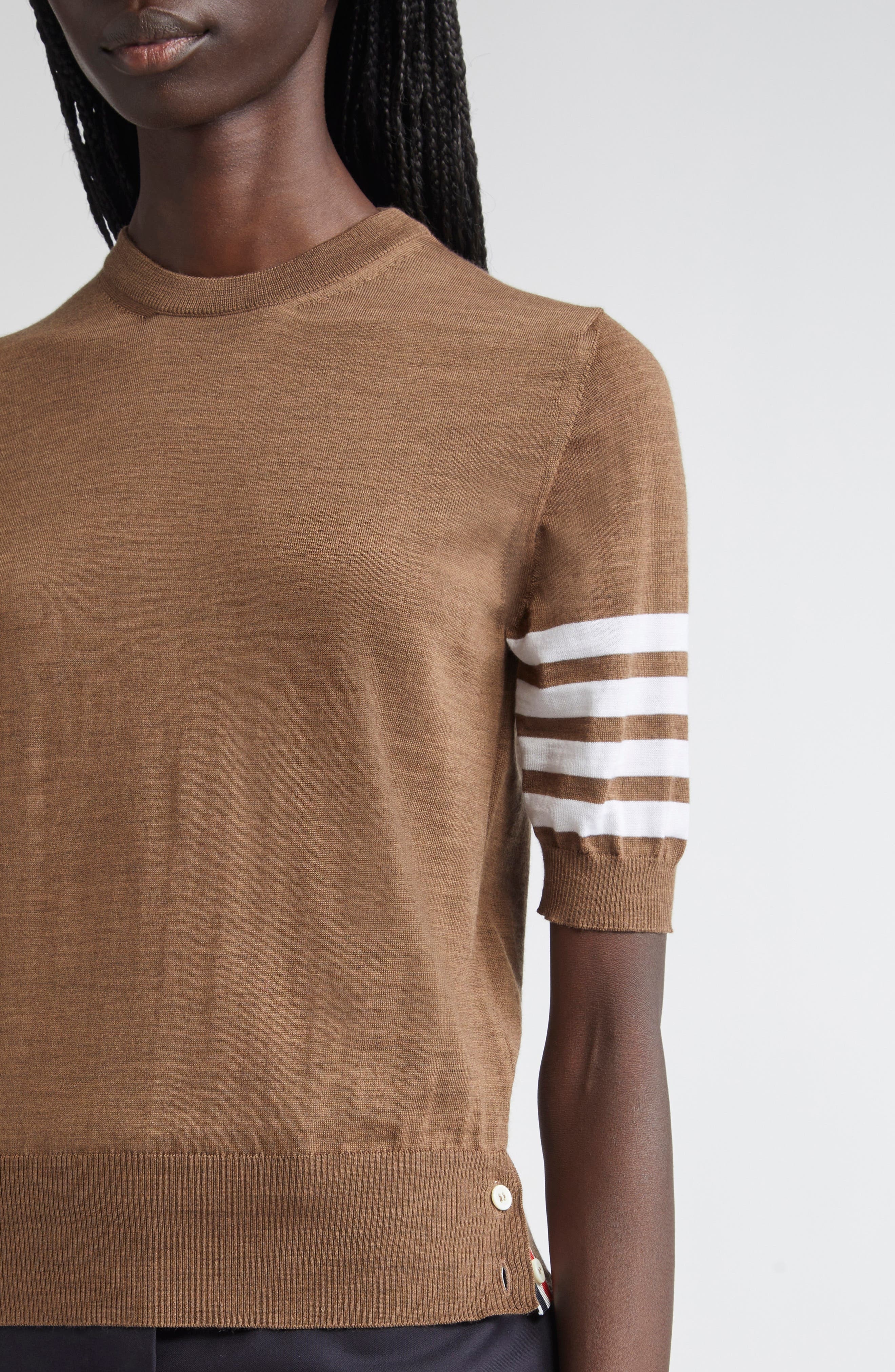 Thom Browne 4-Bar Short Sleeve Wool Blend Sweater in Walnut at Nordstrom - 5