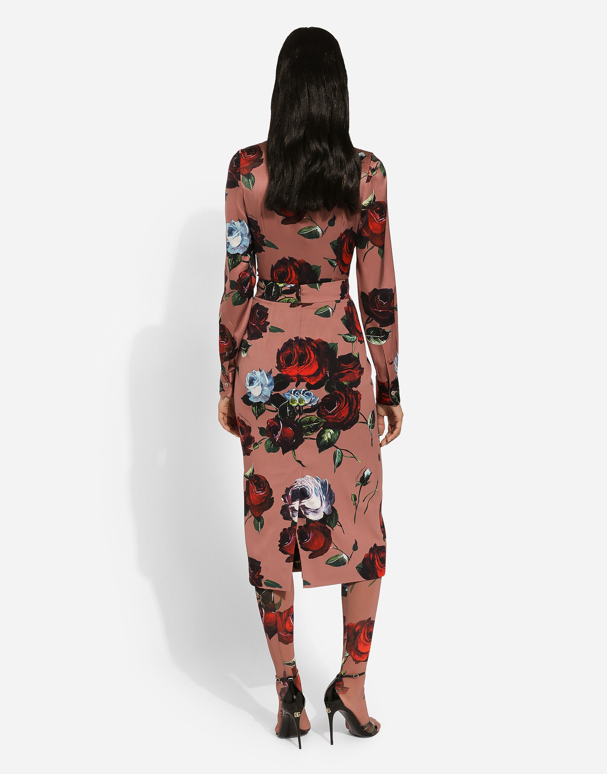Charmeuse calf-length skirt with vintage rose print - 3