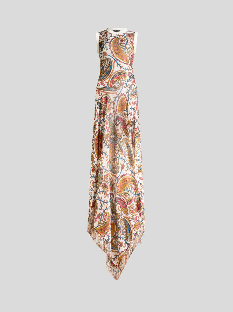 KNIT LONG DRESS WITH FRINGING AND FLORAL PAISLEY MOTIF 1
