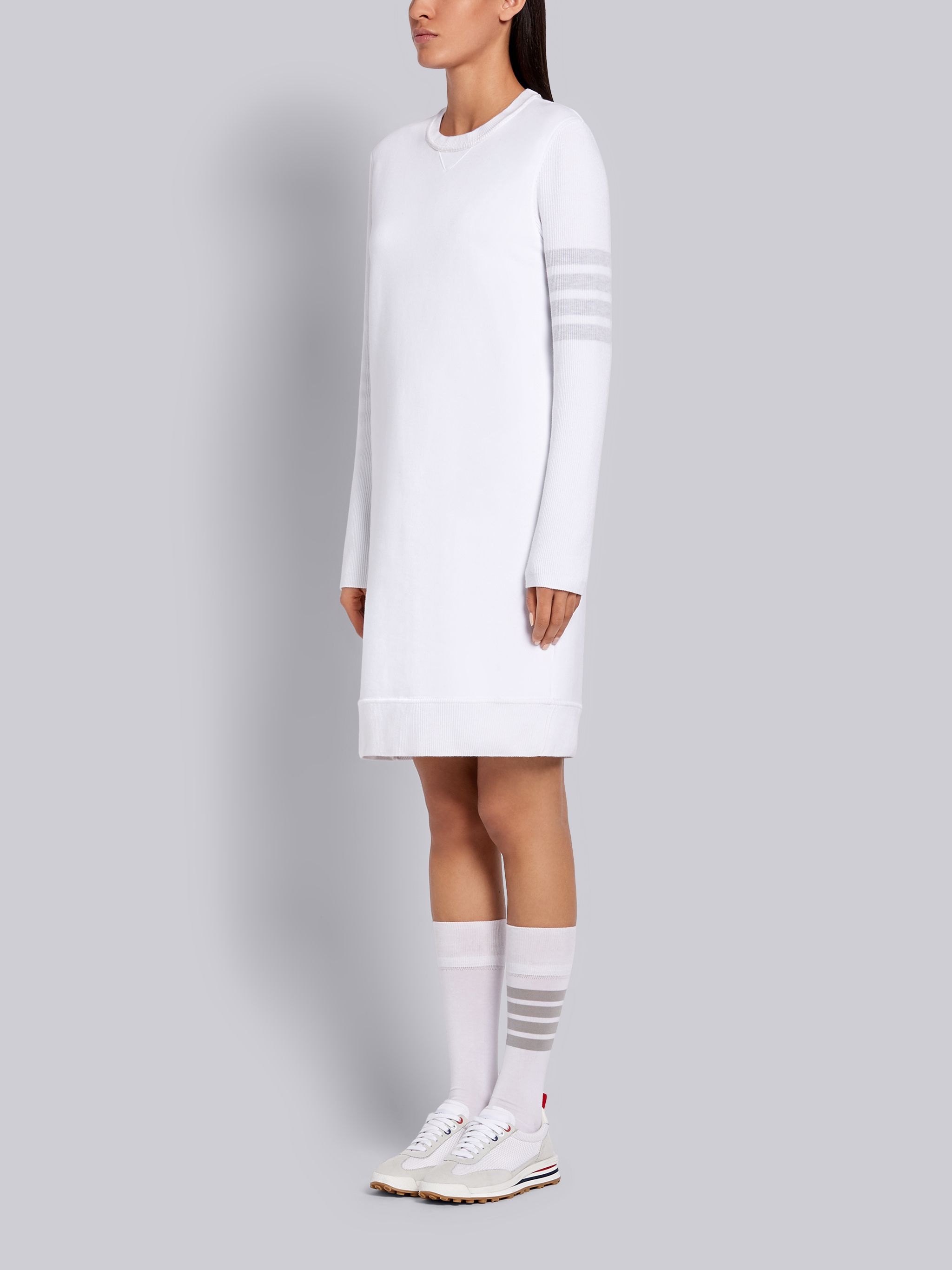 White Classic Loopback Tonal 4-Bar Crewneck Sweater Dress - 2