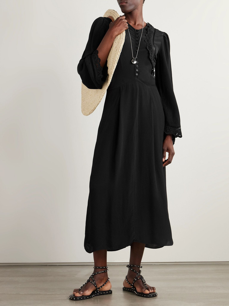 Isabel Marant Faustina broderie anglaise and pointelle-trimmed poplin midi dress Black outlook