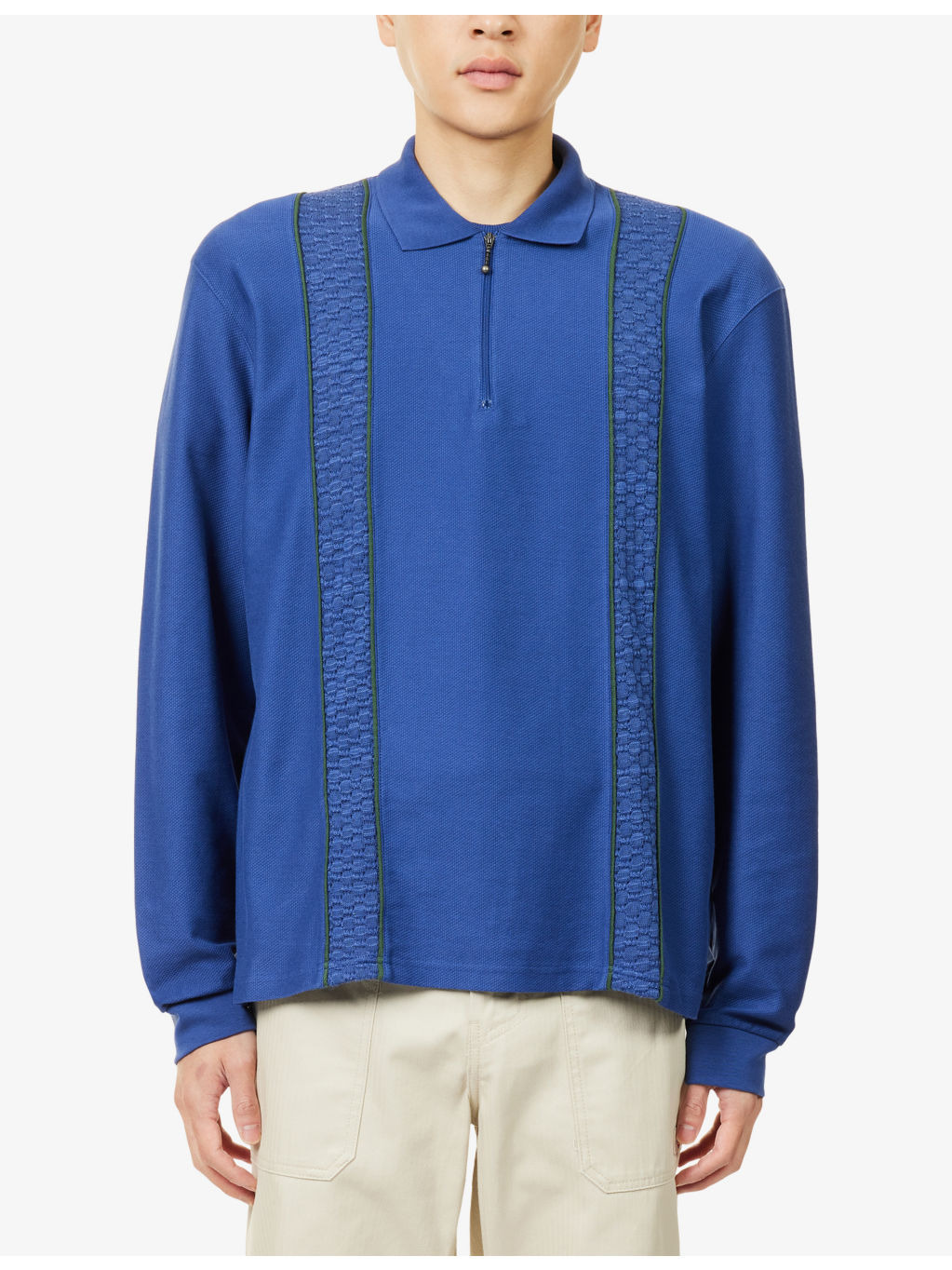 Lace-Trim Long-Sleeve Cotton Polo Top - 3