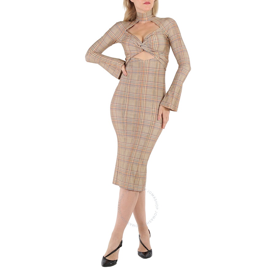 Burberry Ladies Dark Honey Cut-Out Checked Midi Dress - 3