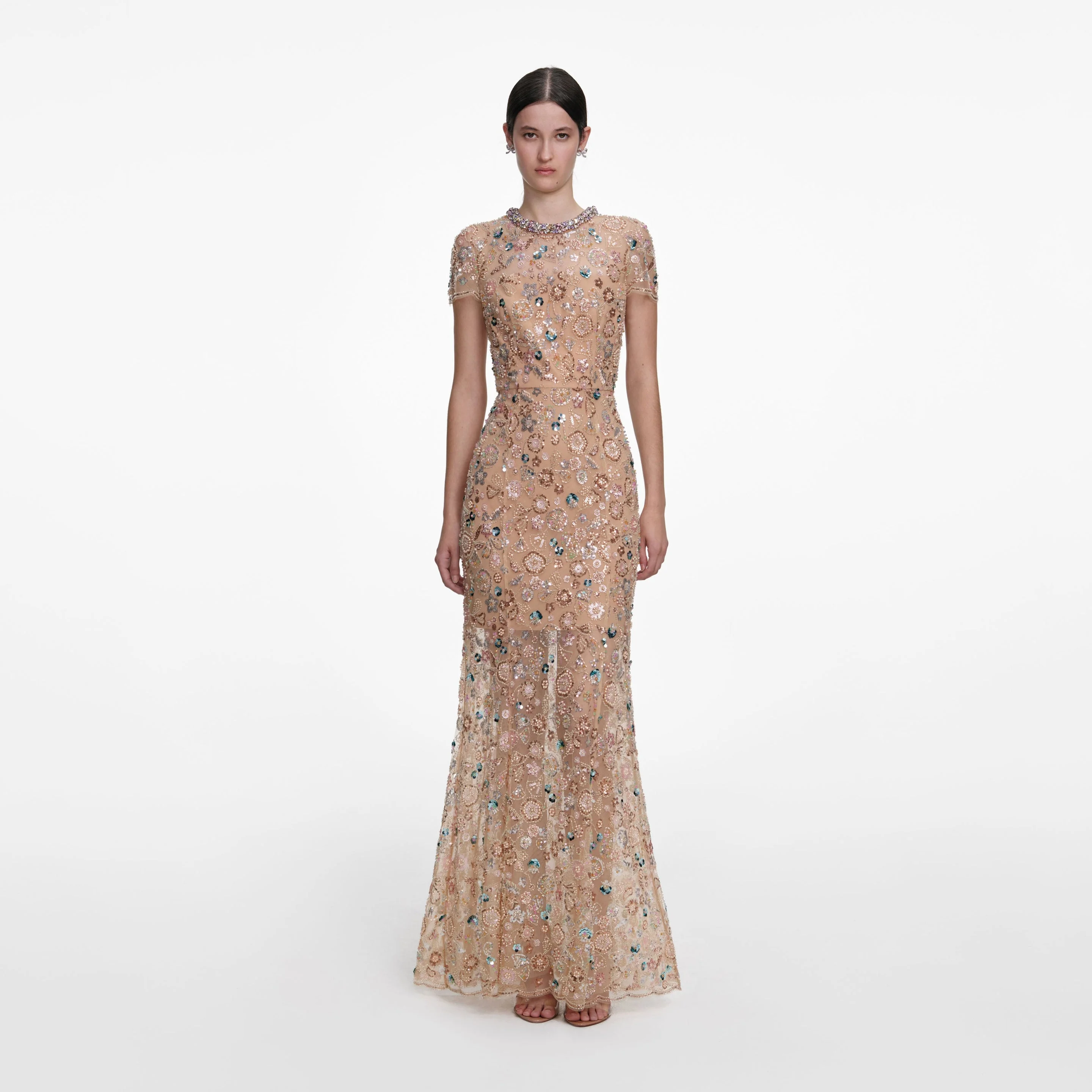 Champagne Sequin Embroidered Maxi Dress - 1