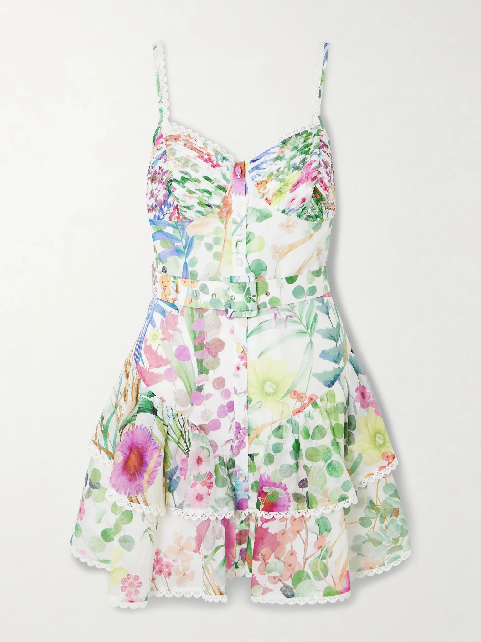 Nayade belted pleated floral-print cotton-blend voile mini dress White - 1