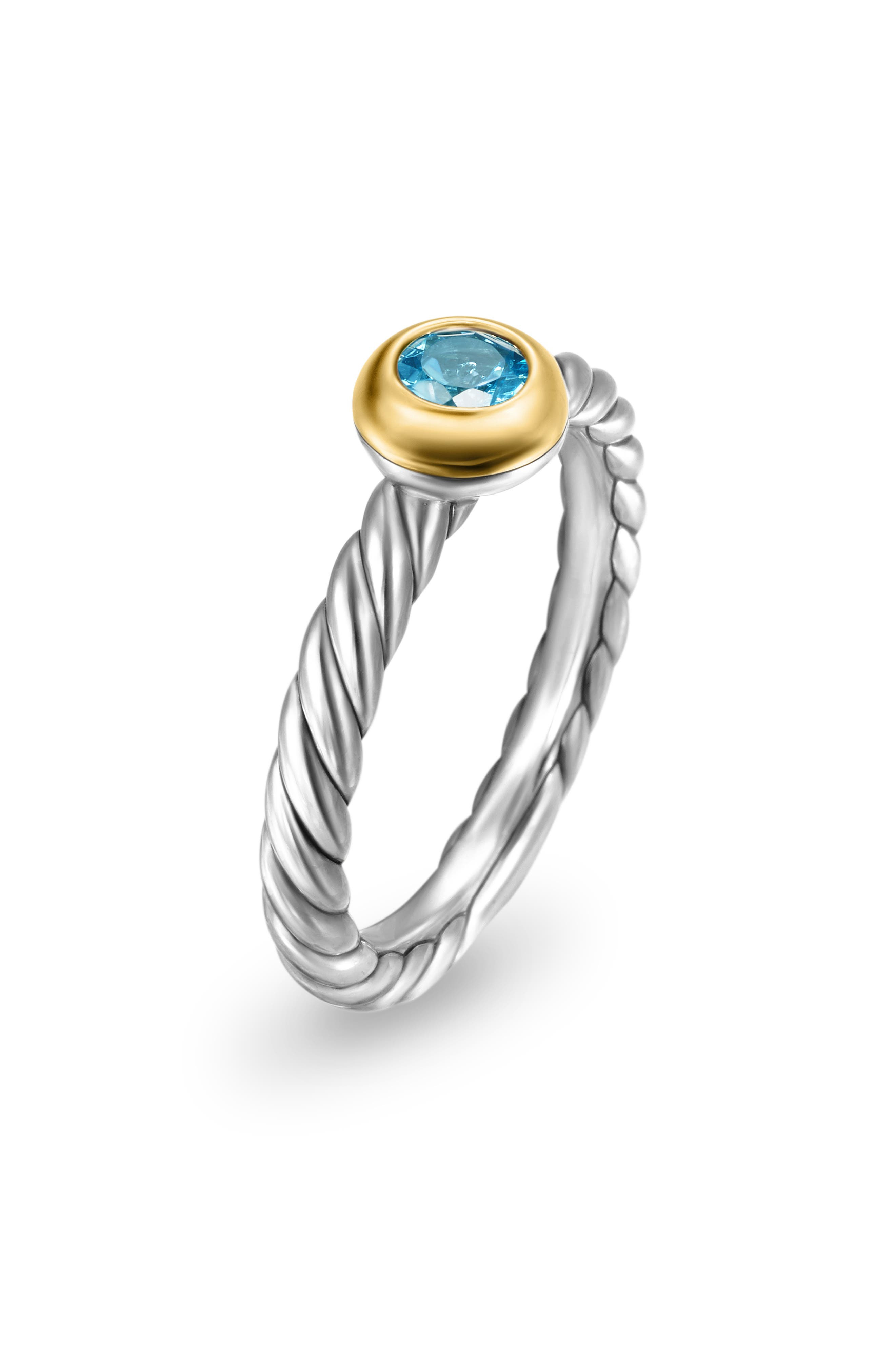 David Yurman Petite Cable Ring in Sterling Silver with 14K Yellow Gold in Silver/Gold/Blue Topaz at  - 4