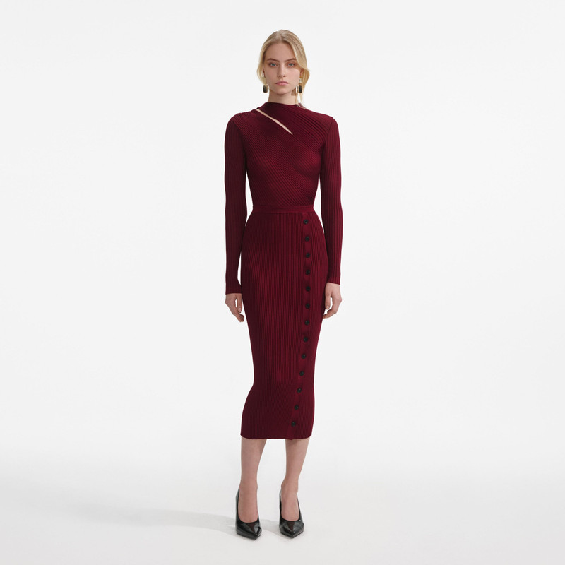 cut out rib knit midi dress self-portrait Burgundy - PF25-080M-BU Womens dresses