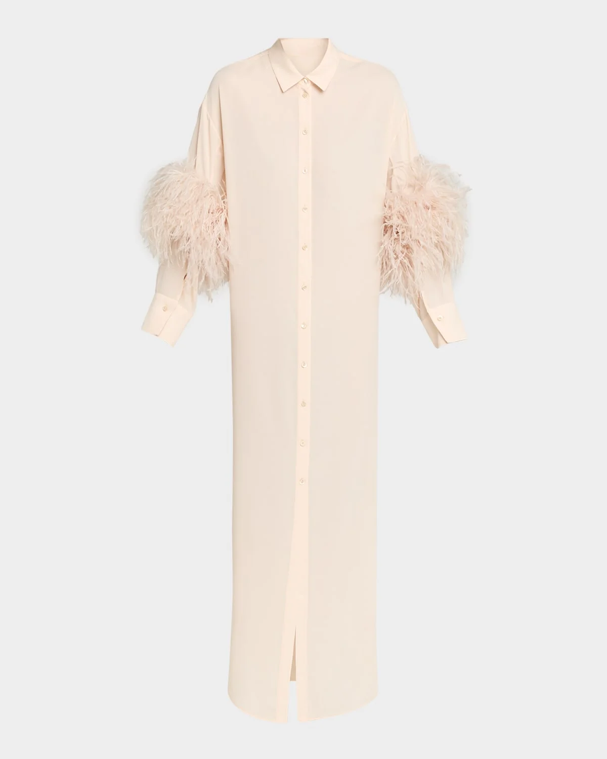 Feather-Trim Long-Sleeve Georgette Maxi Shirtdress - 1