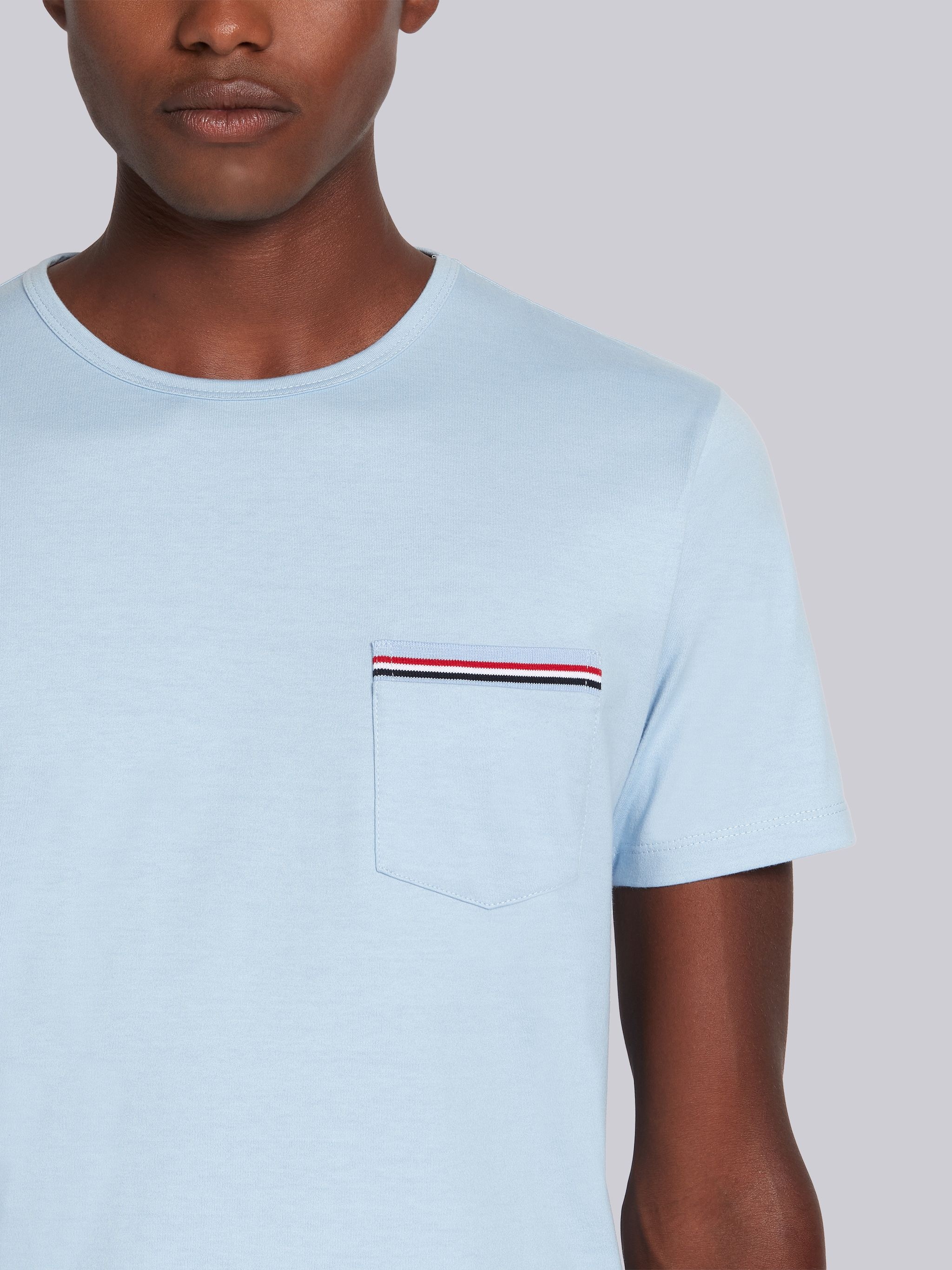 Light Blue Jersey Cotton Striped Chest Pocket Tee - 5