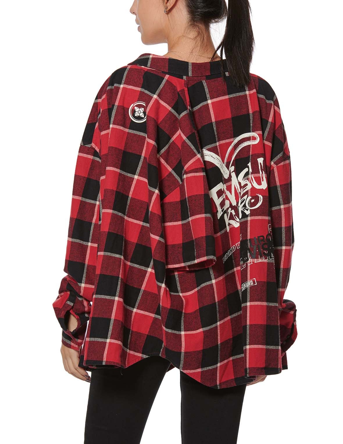 Calligraphy Print Asymmetric Flannel Shirt - 3