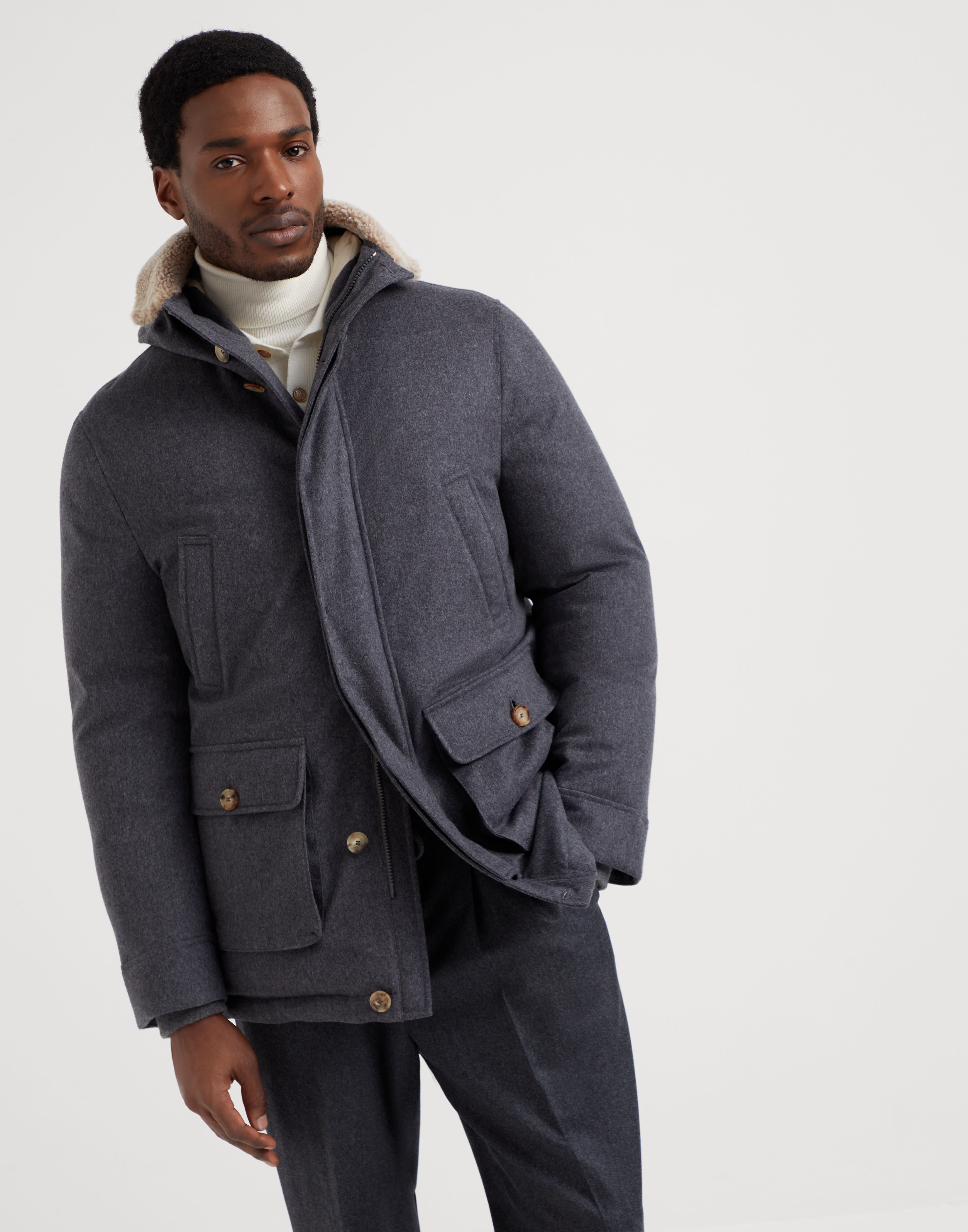 Bonded wool flannel hooded down parka with shearling insert - 1