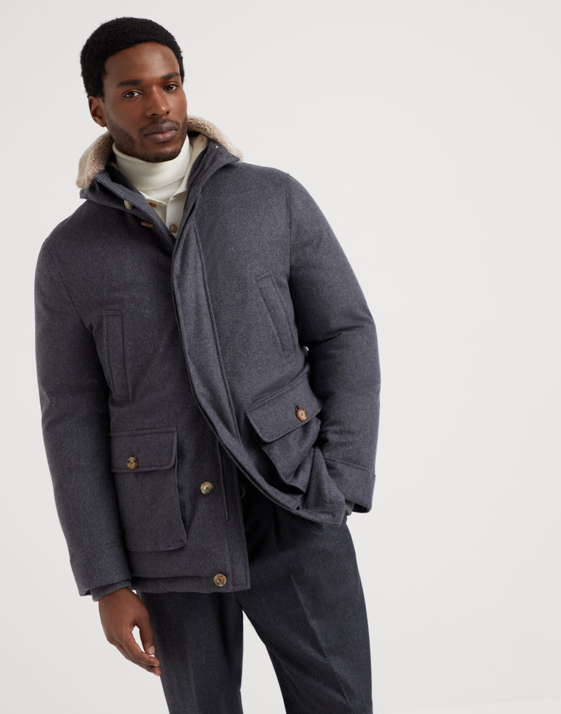 Bonded wool flannel hooded down parka with shearling insert 1