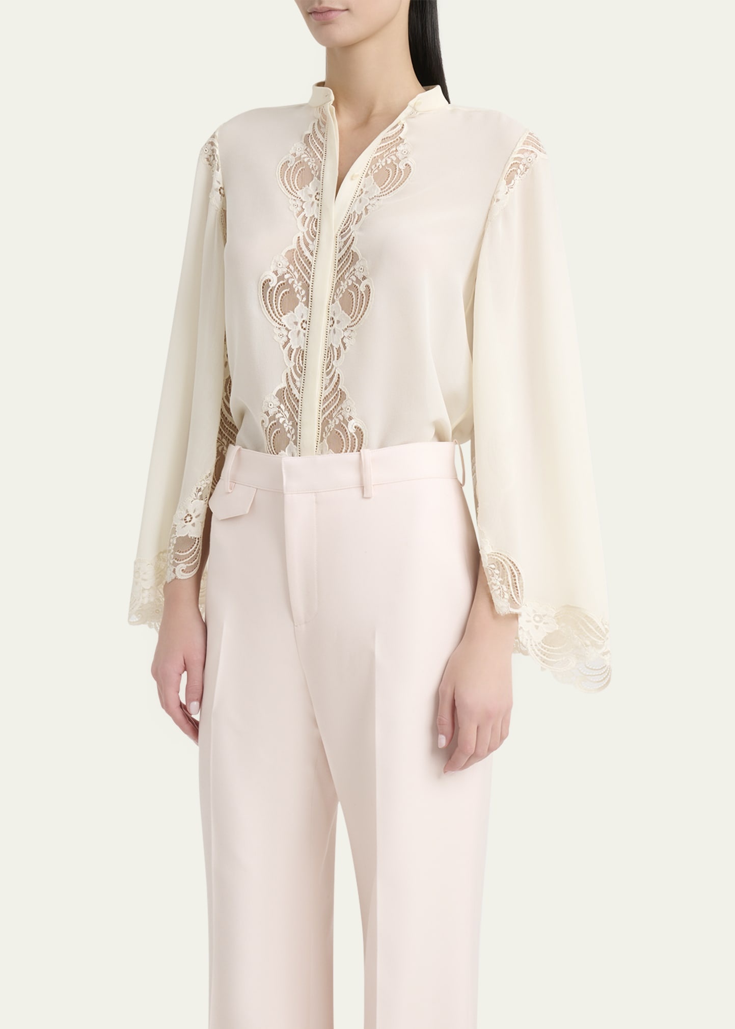Lace Placket Tulip-Sleeve Silk Blouse - 4