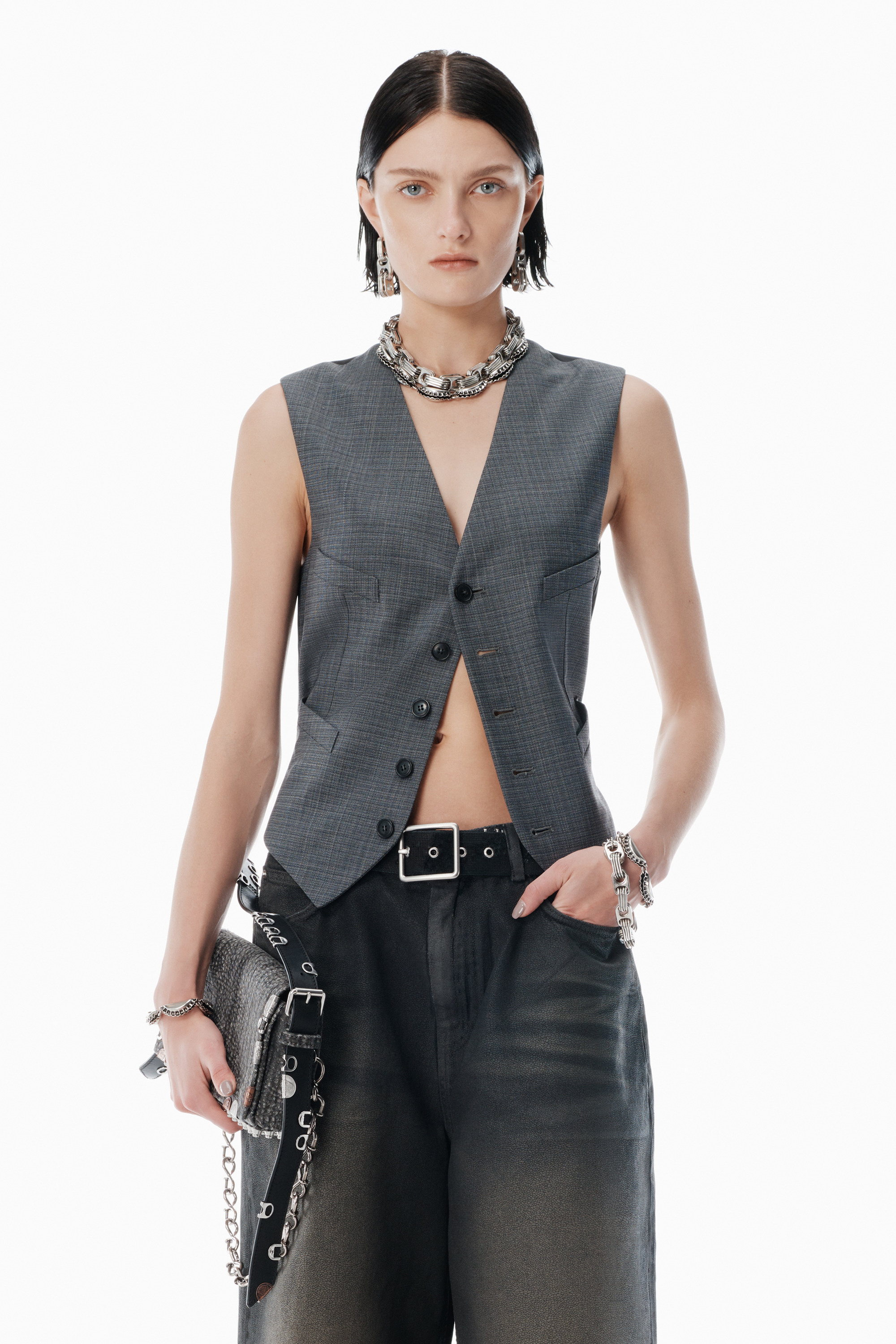 Grey Wool-Blend Vest with chain-link - 2