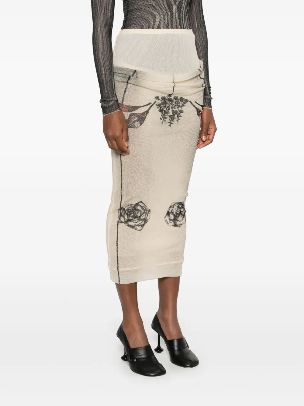 Jean Paul Gaultier Women Mesh Skirt Double Layer Printed "Tattoo Rose & Bird" - 3