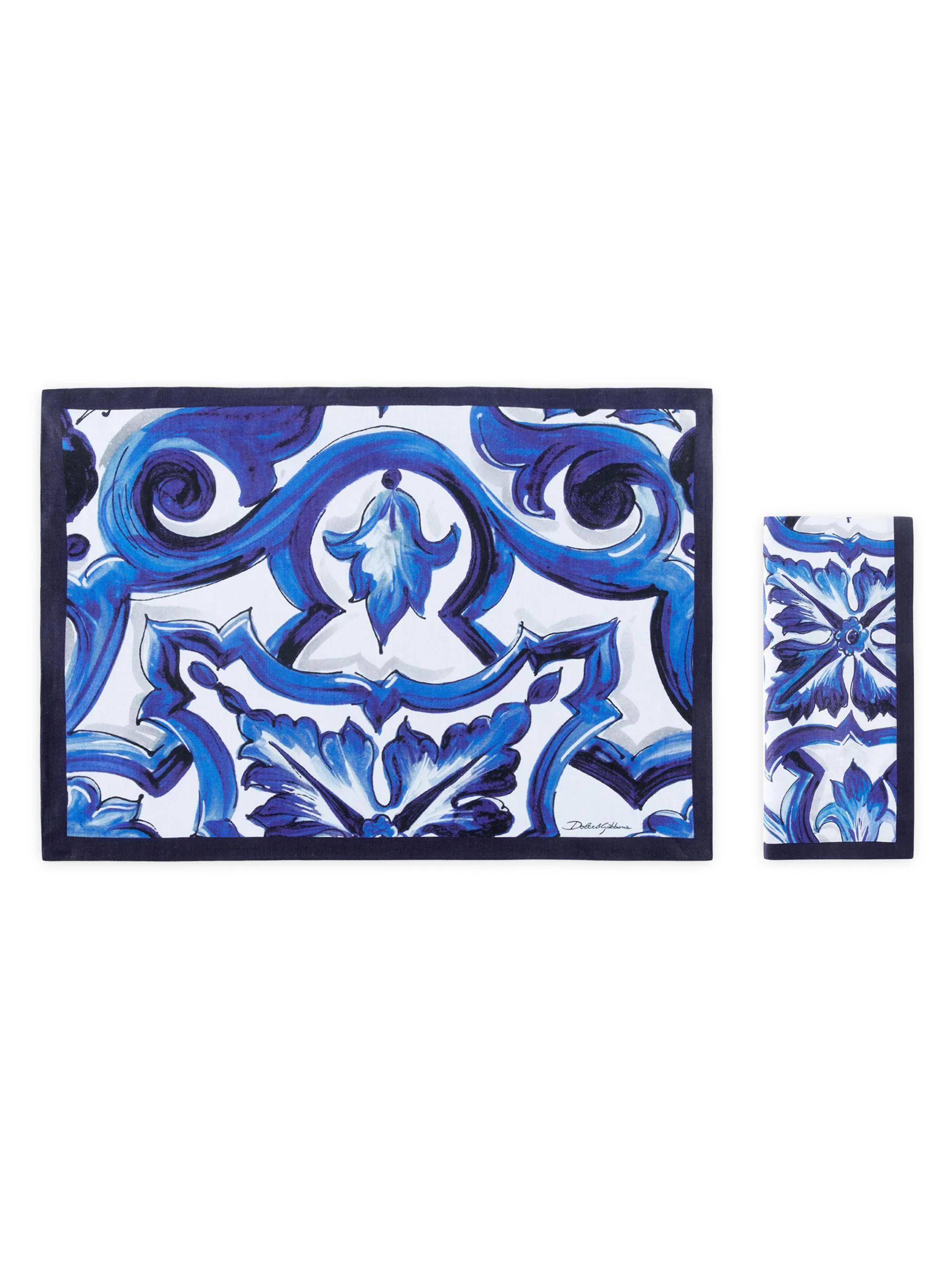 Blue Mediterraneo Printed Linen Placemat & Napkin Set - Blue - 1