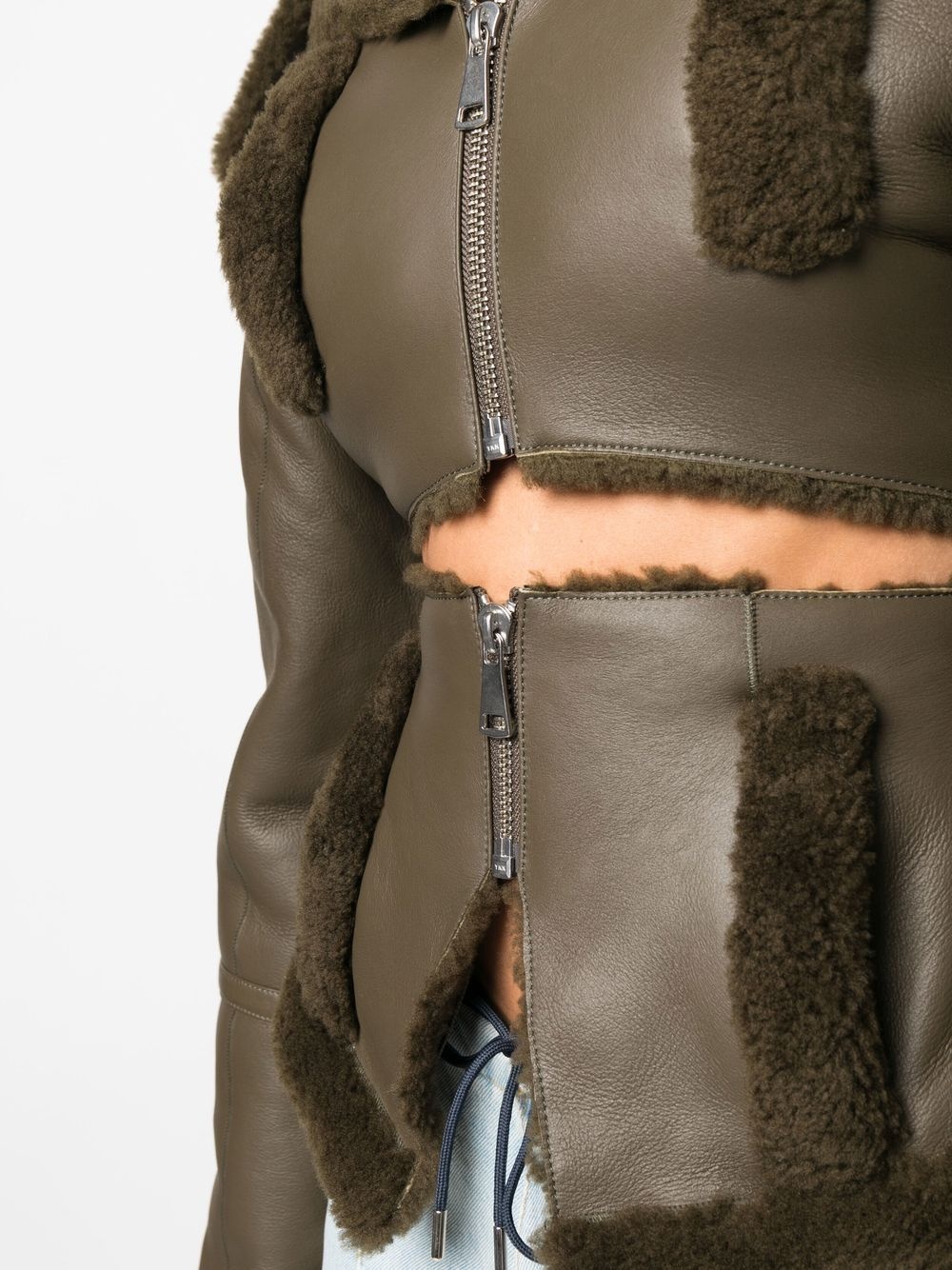 cut-out shearling-trim leather jacket - 5