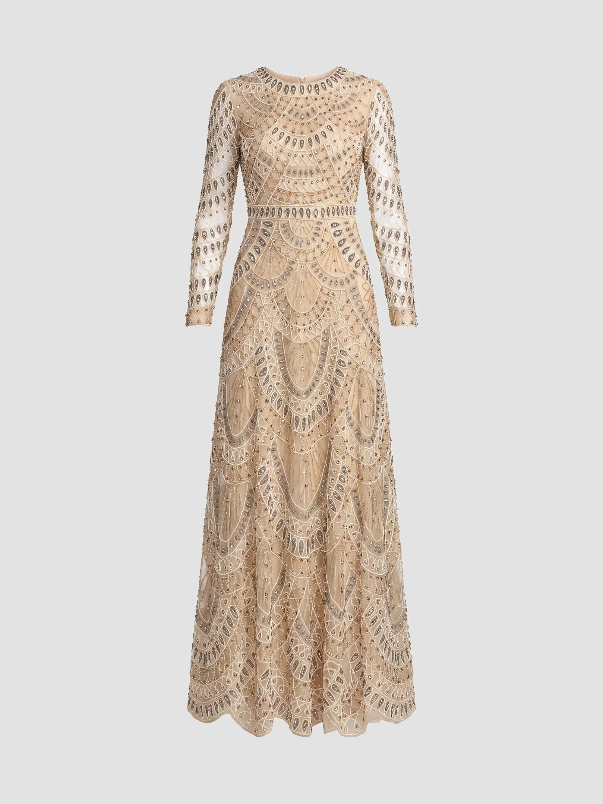 Women's Embellished Mesh A-Line Gown - Beige - 1
