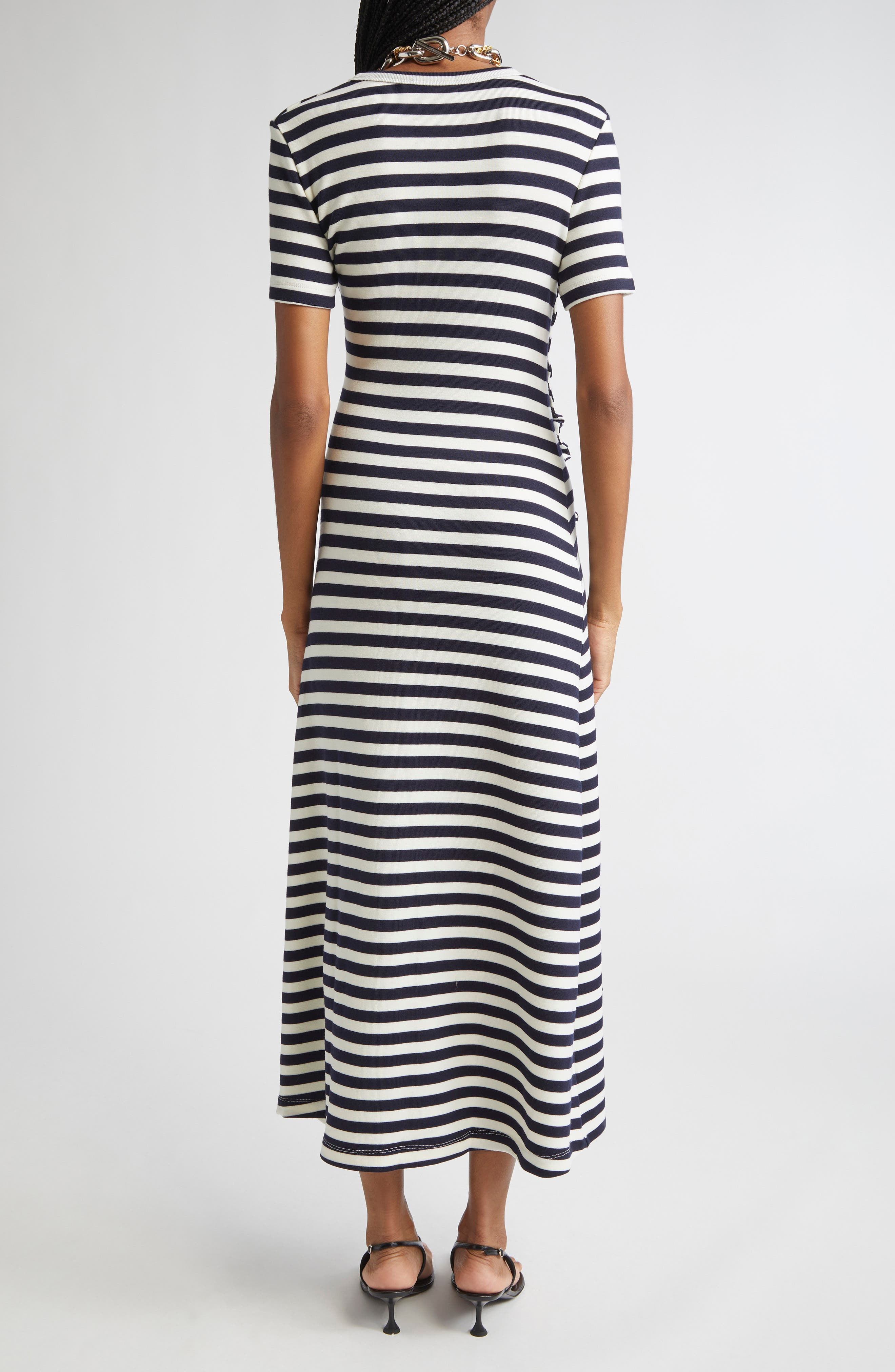 Rabanne Draped Stretch Virgin Wool Midi Dress in Navy /Cream at Nordstrom - 2