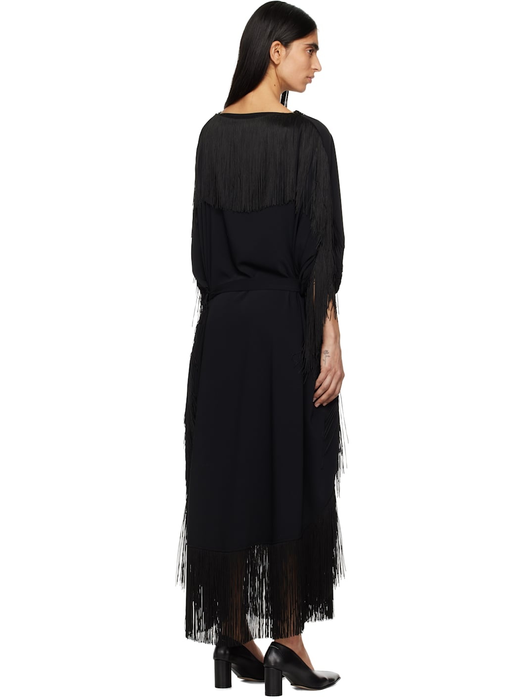 Black Fluid Fringe Midi Dress - 3