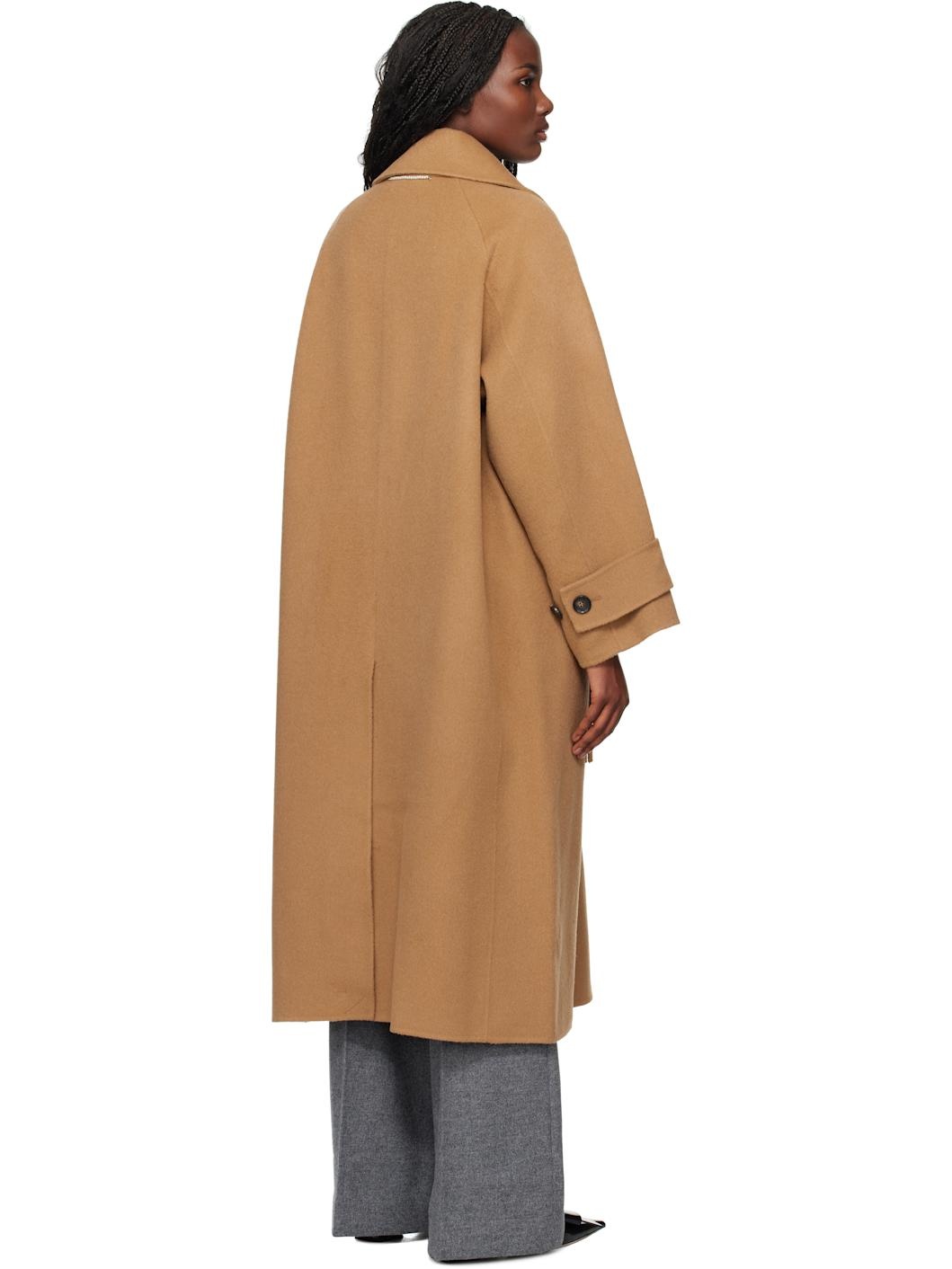 Tan Alpaca Fringe Scarf Long Coat - 3