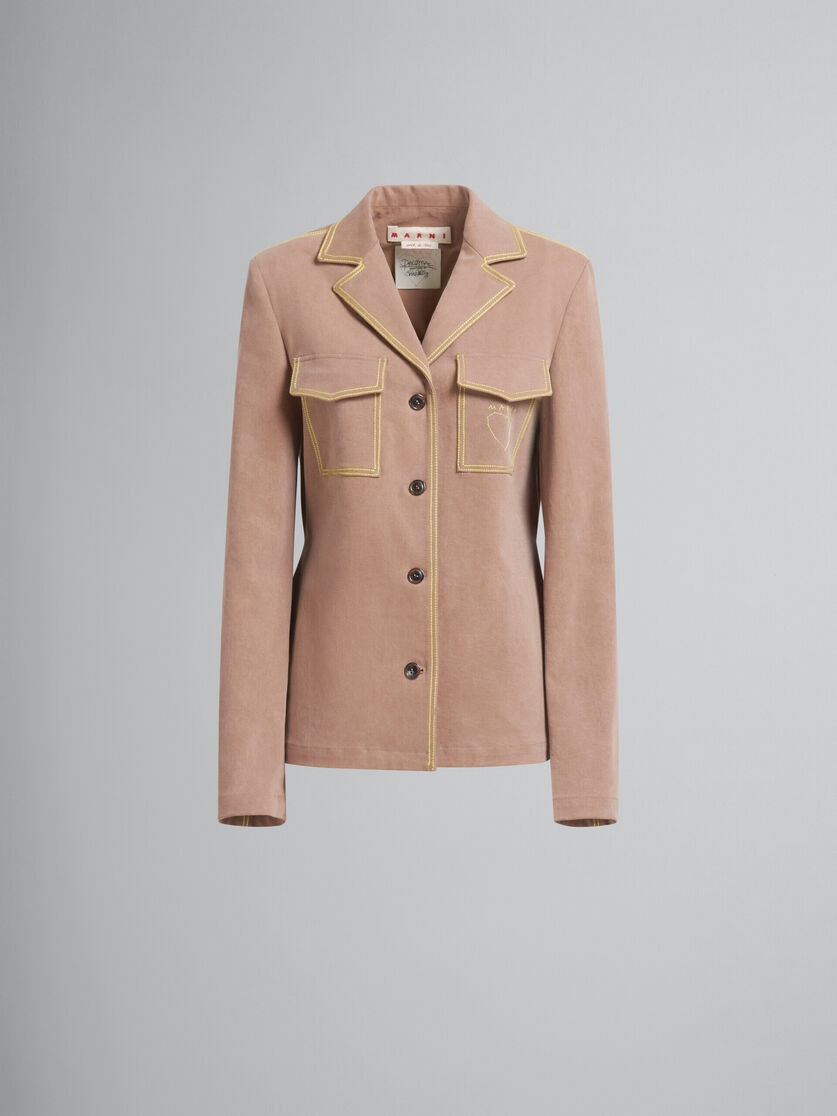 BROWN ORGANIC DENIM BLAZER WITH CONTRAST STITCHING - 2