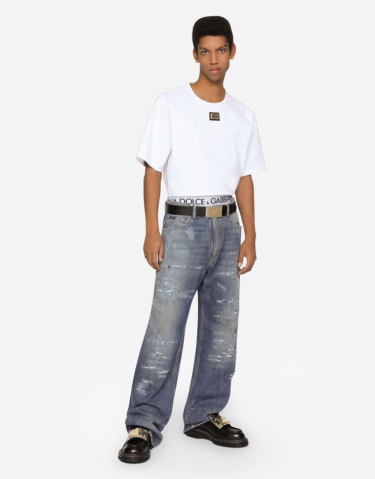 Oversize mid blue wash jeans with abrasions - 1