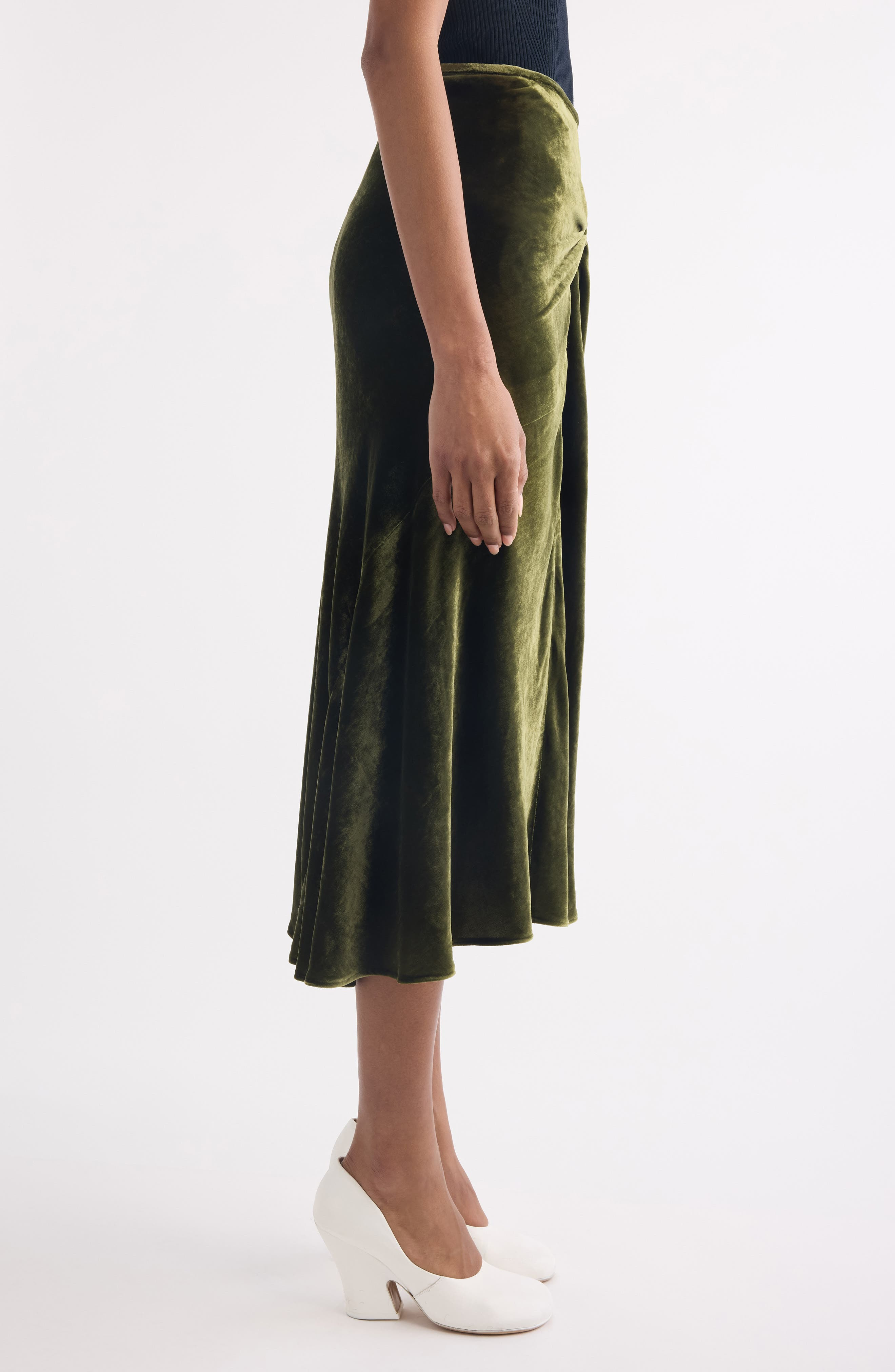 Dries Van Noten Smila Twist Front Velvet Midi Skirt in Khaki at Nordstrom - 4