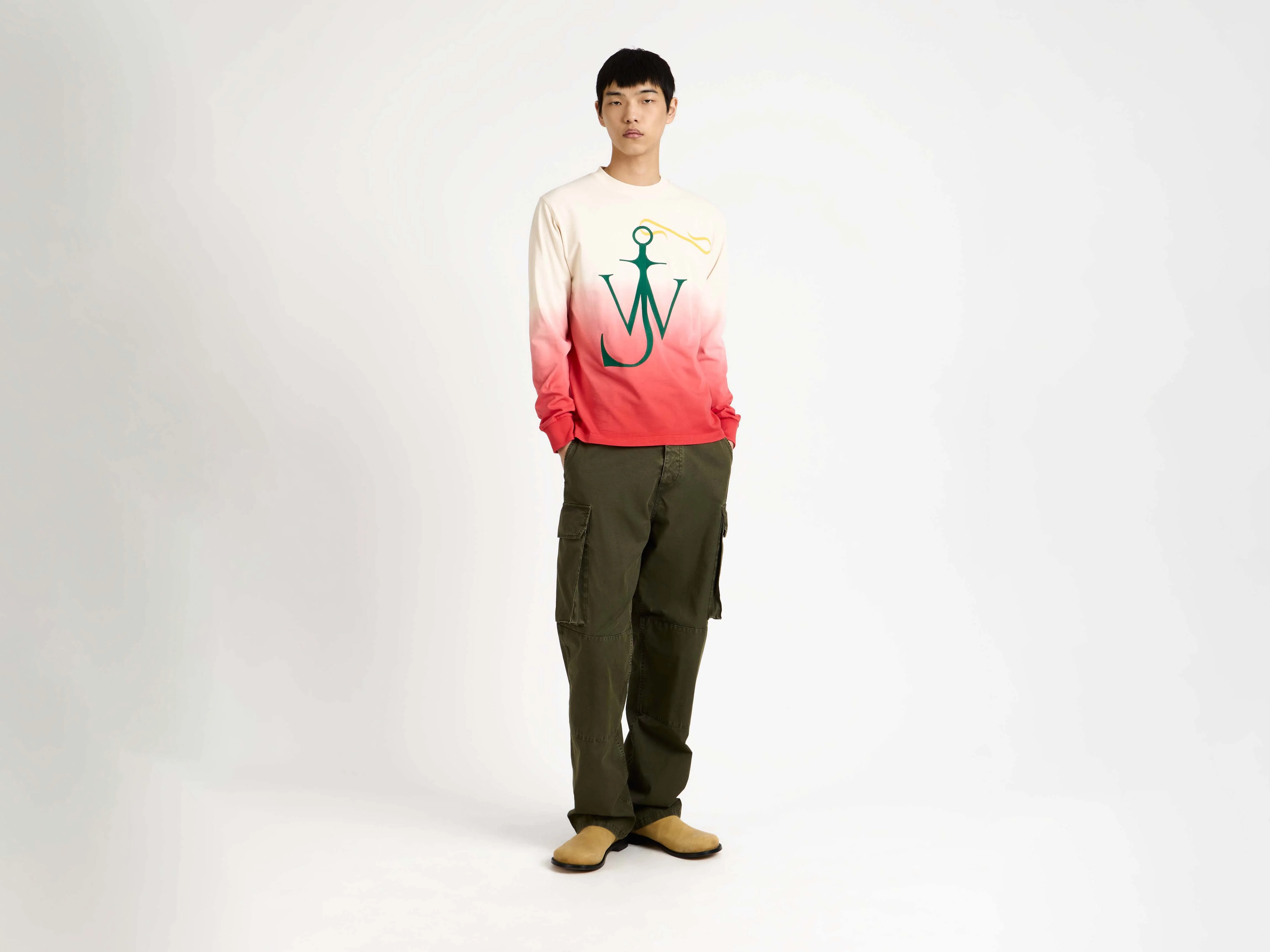 MENS DIP DYE ANCHOR LONGSLEEVE IN OFF-WHITE & RED - 1