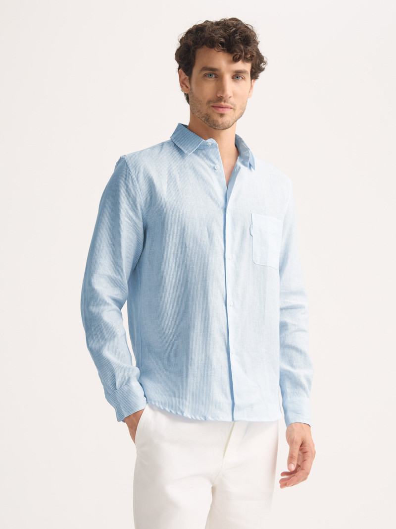 Men's Long Sleeve Shirt Malibu Woven Linen Light Blue and White Stripe 1