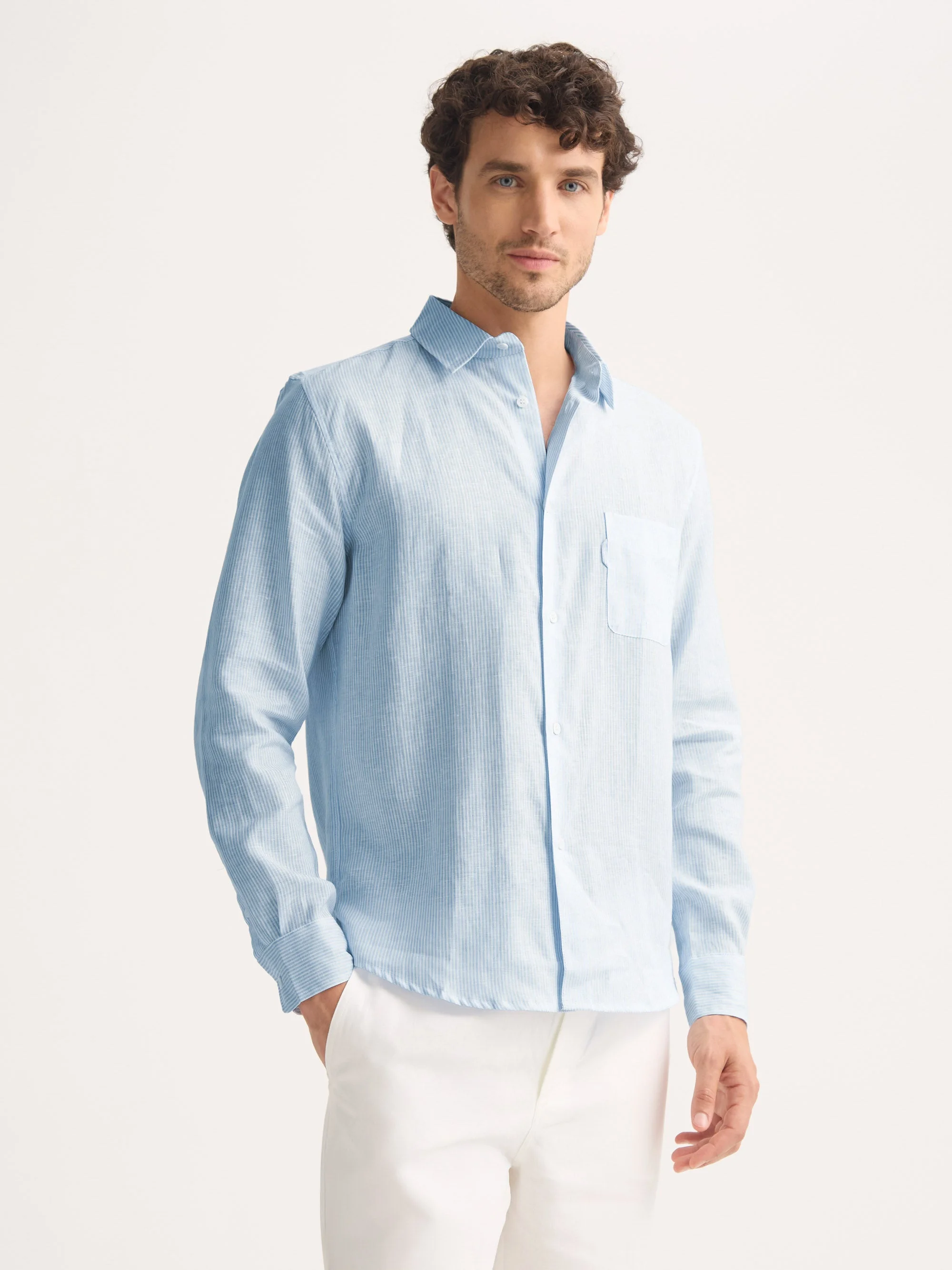 Men's Long Sleeve Shirt Malibu Woven Linen Light Blue and White Stripe - 1